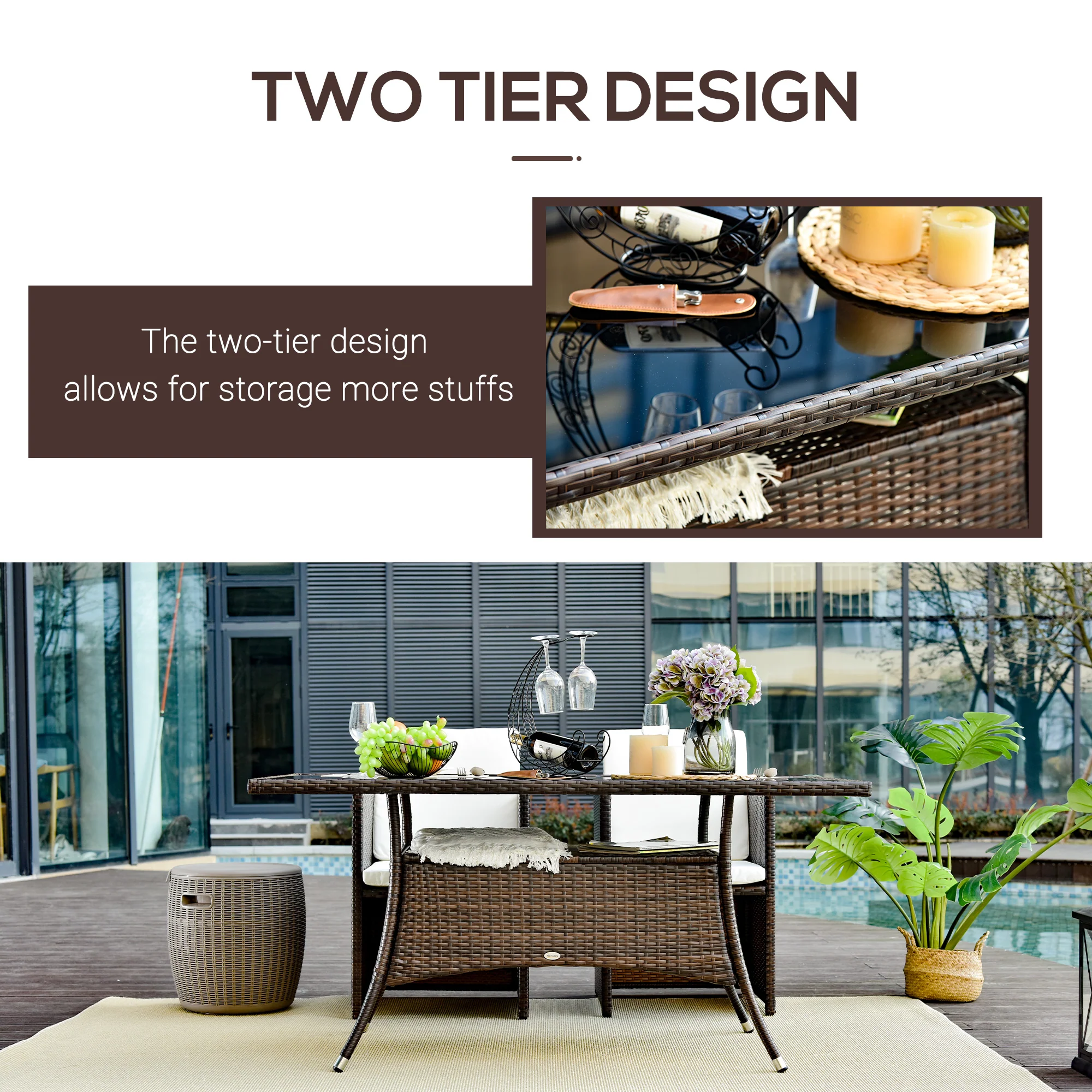 Patio Rattan Dining Table with Tempered Glass Tabletop & Storage Shelf for Yard, Brown - Image 9