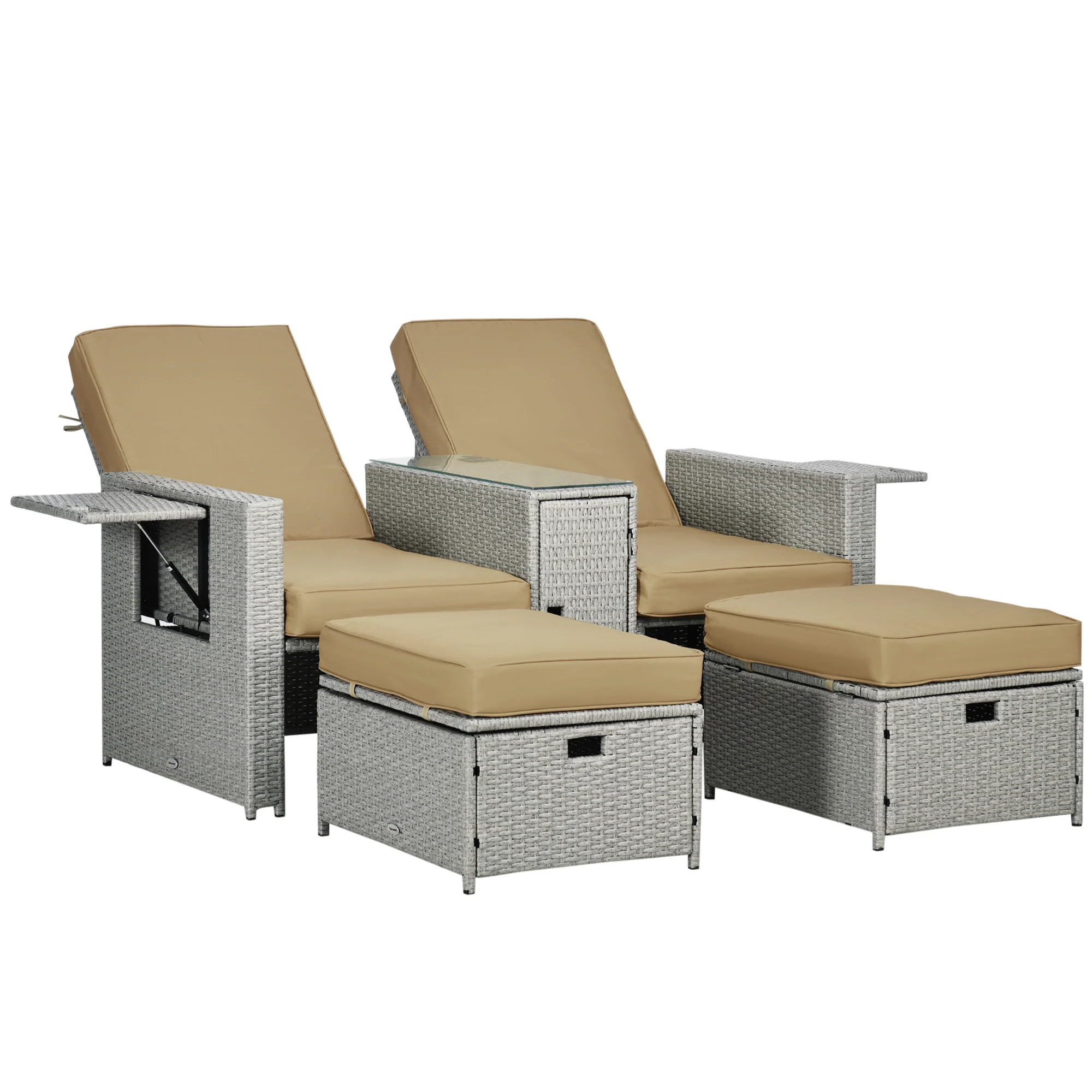 5-Level Adjustable Recliner with Storage Side Table & Footstools for Patio, Poolside, Beige