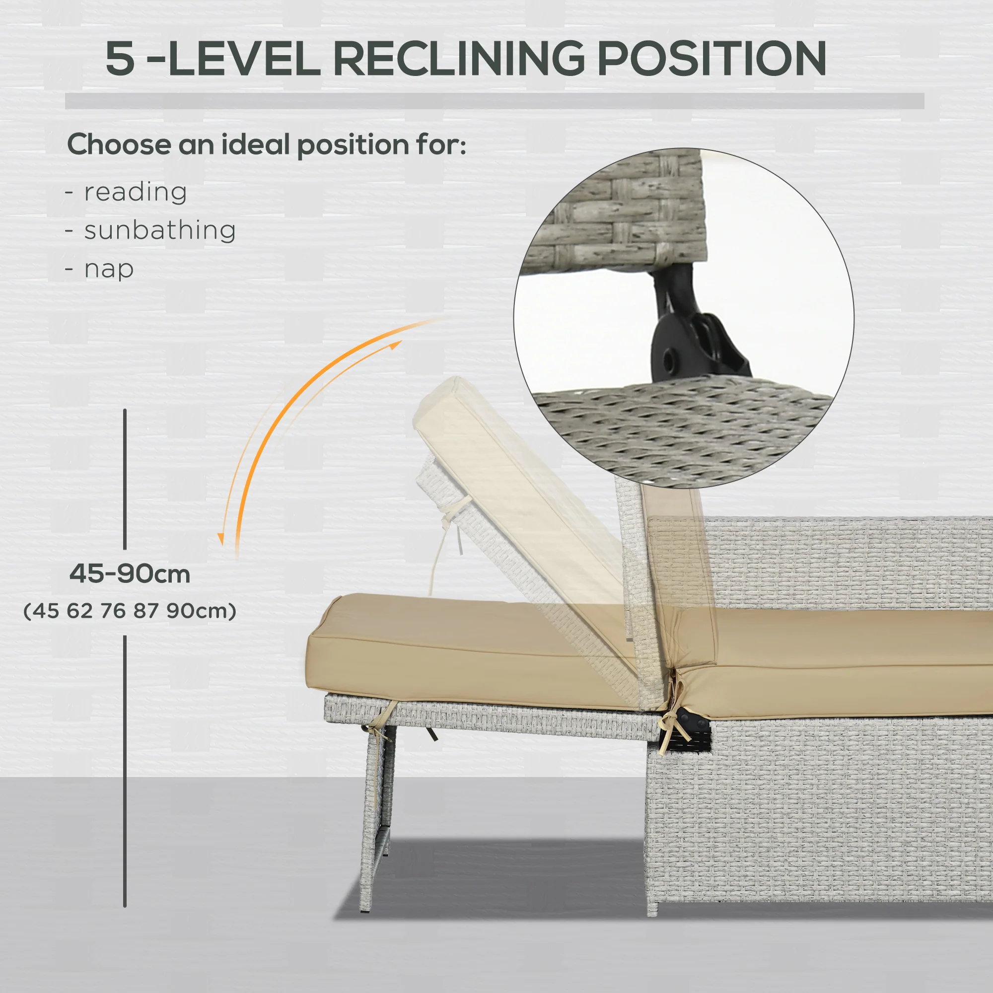 5-Level Adjustable Recliner with Storage Side Table & Footstools for Patio, Poolside, Beige - Image 8