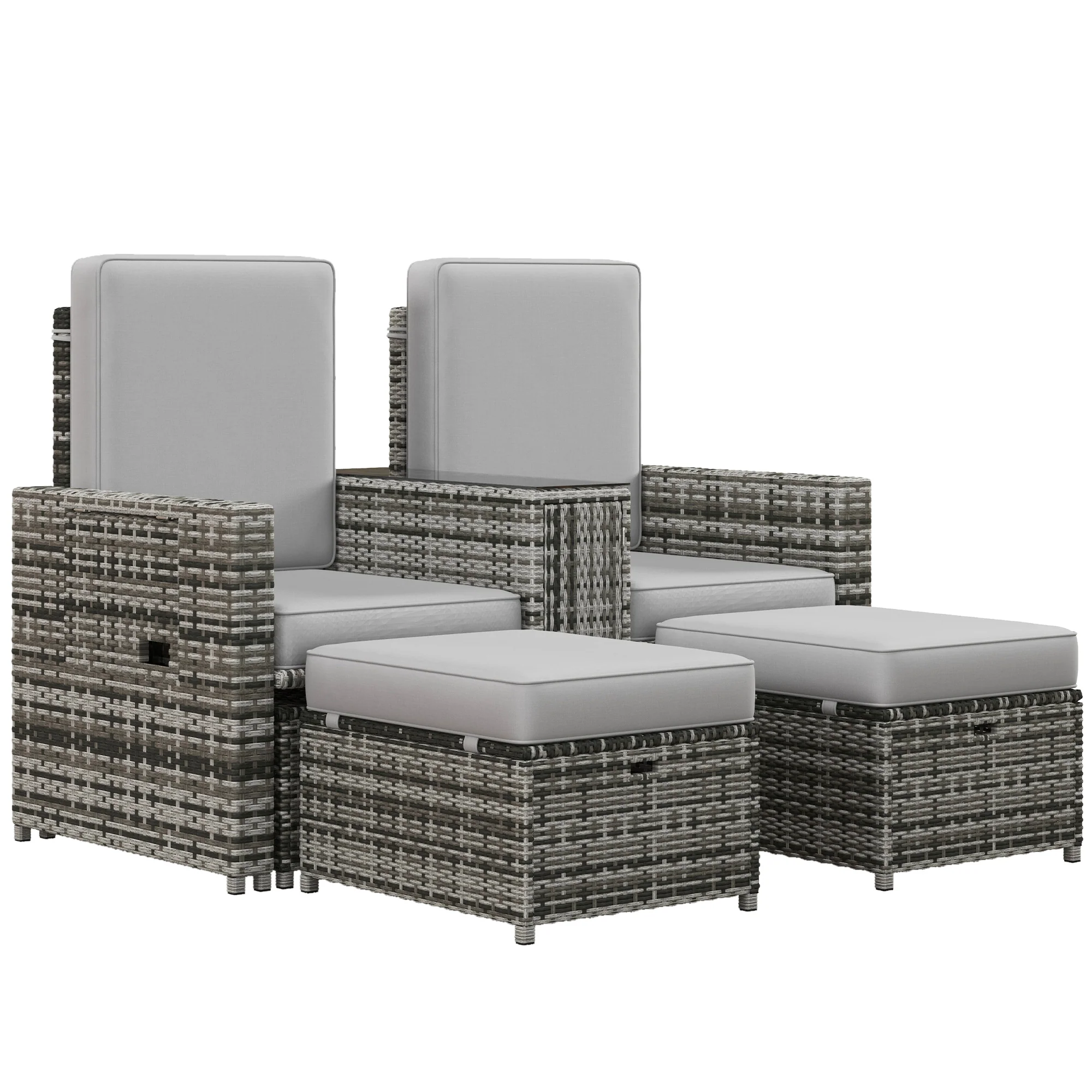 5-Level Adjustable Recliner with Storage Side Table & Footstools for Patio, Poolside, Grey