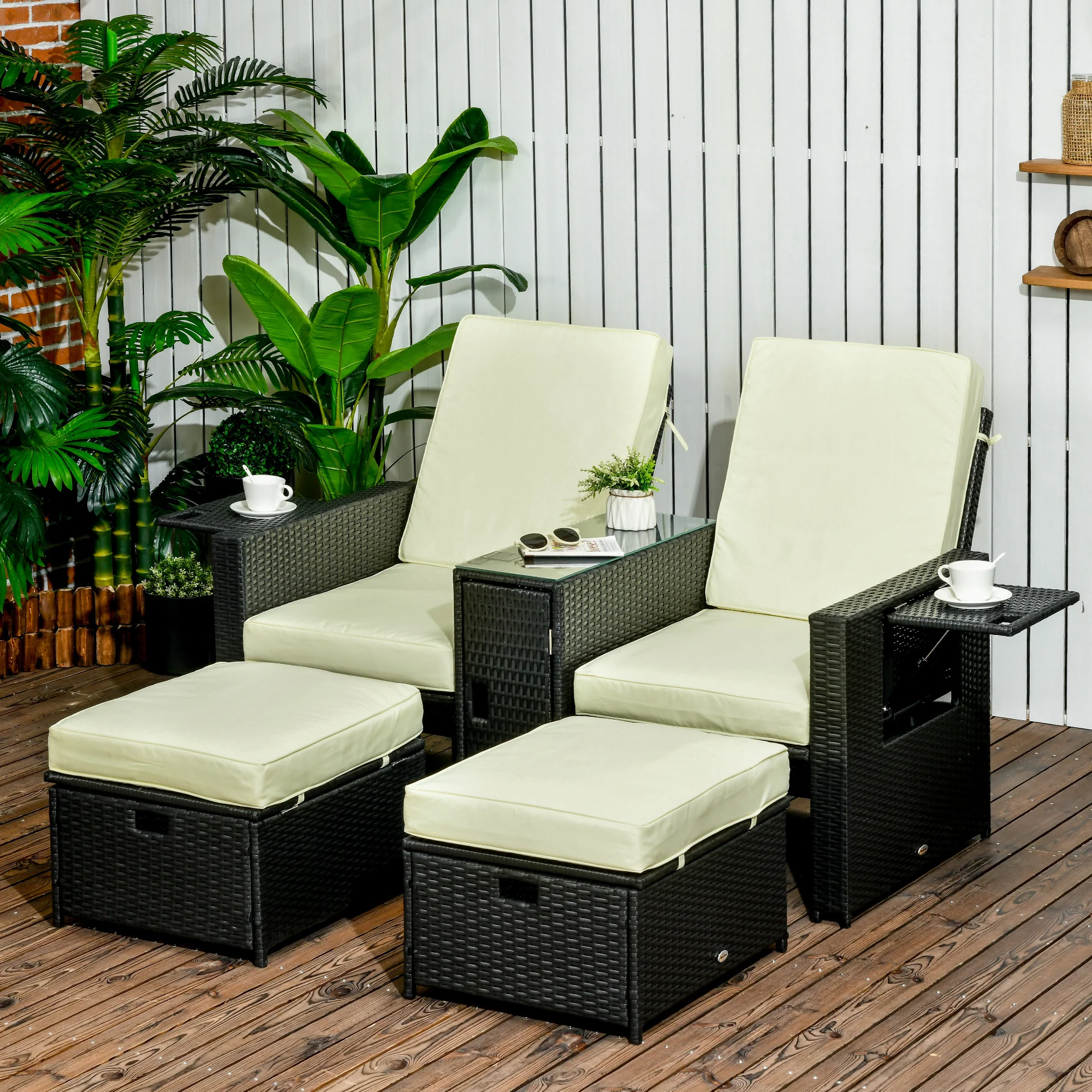 5-Level Adjustable Recliner with Storage Side Table & Footstools for Patio, Poolside, Black - Image 3