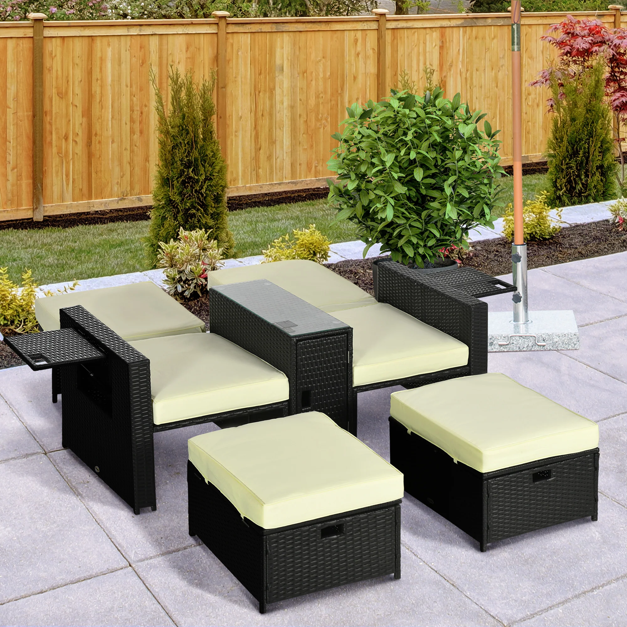 5-Level Adjustable Recliner with Storage Side Table & Footstools for Patio, Poolside, Black - Image 4