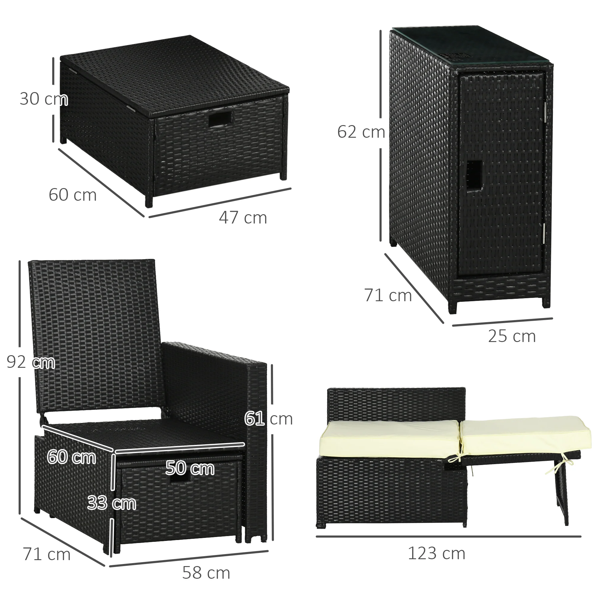 5-Level Adjustable Recliner with Storage Side Table & Footstools for Patio, Poolside, Black - Image 5