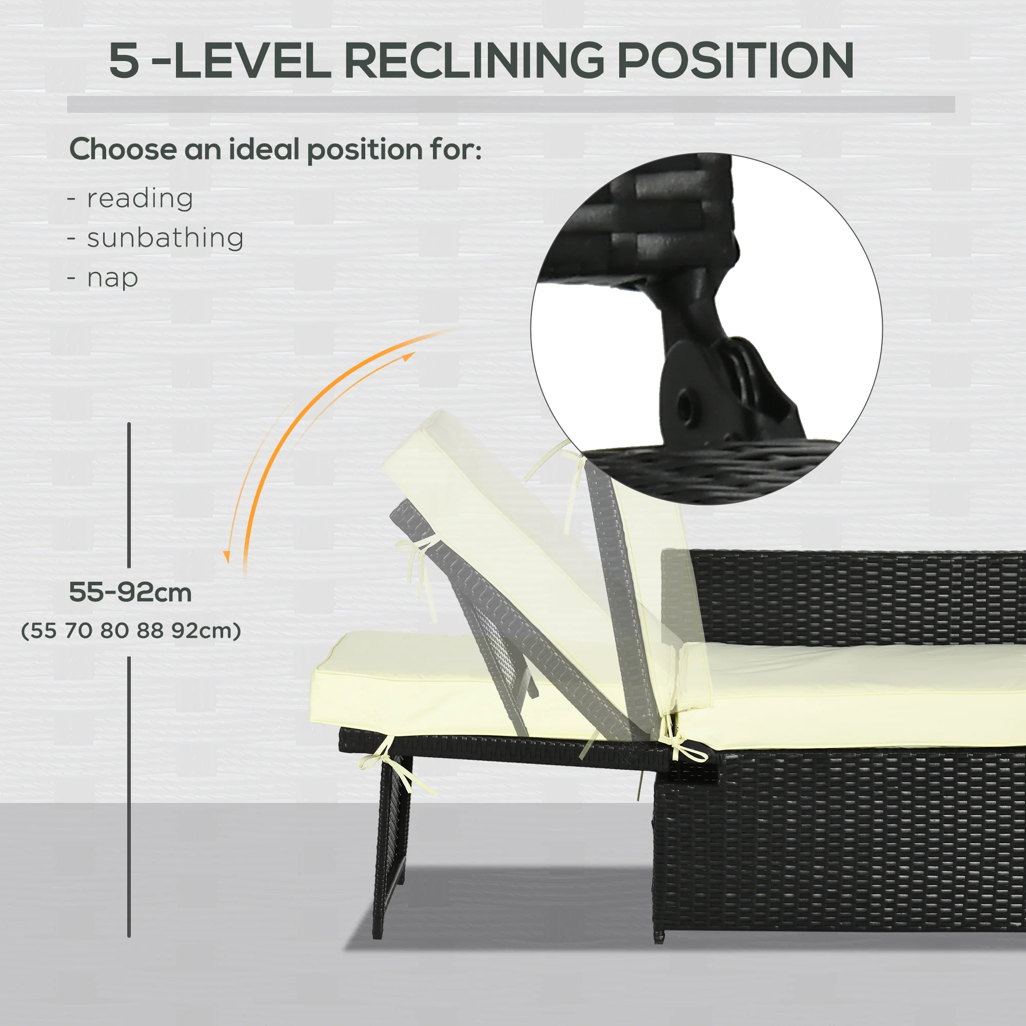 5-Level Adjustable Recliner with Storage Side Table & Footstools for Patio, Poolside, Black - Image 8