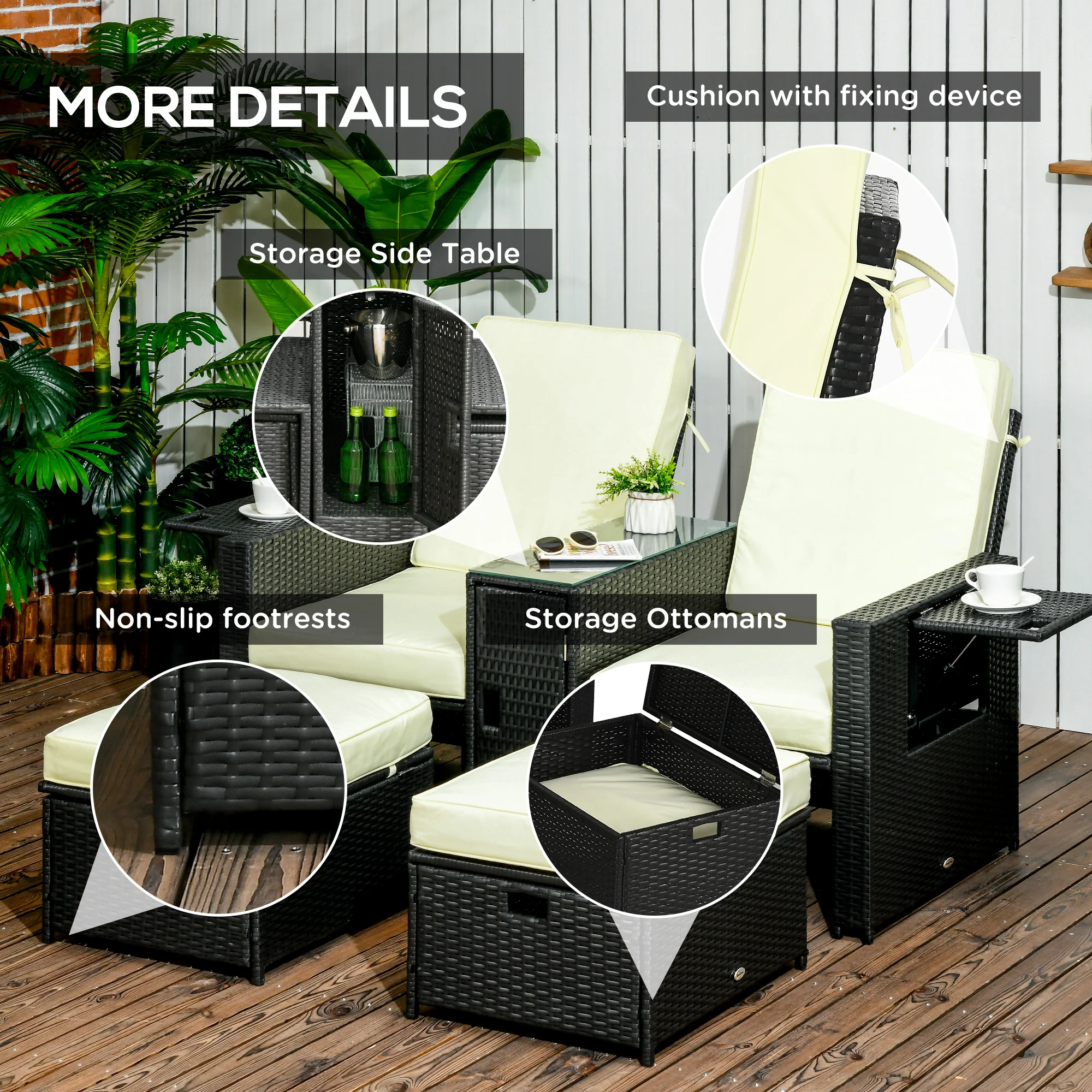 5-Level Adjustable Recliner with Storage Side Table & Footstools for Patio, Poolside, Black - Image 9