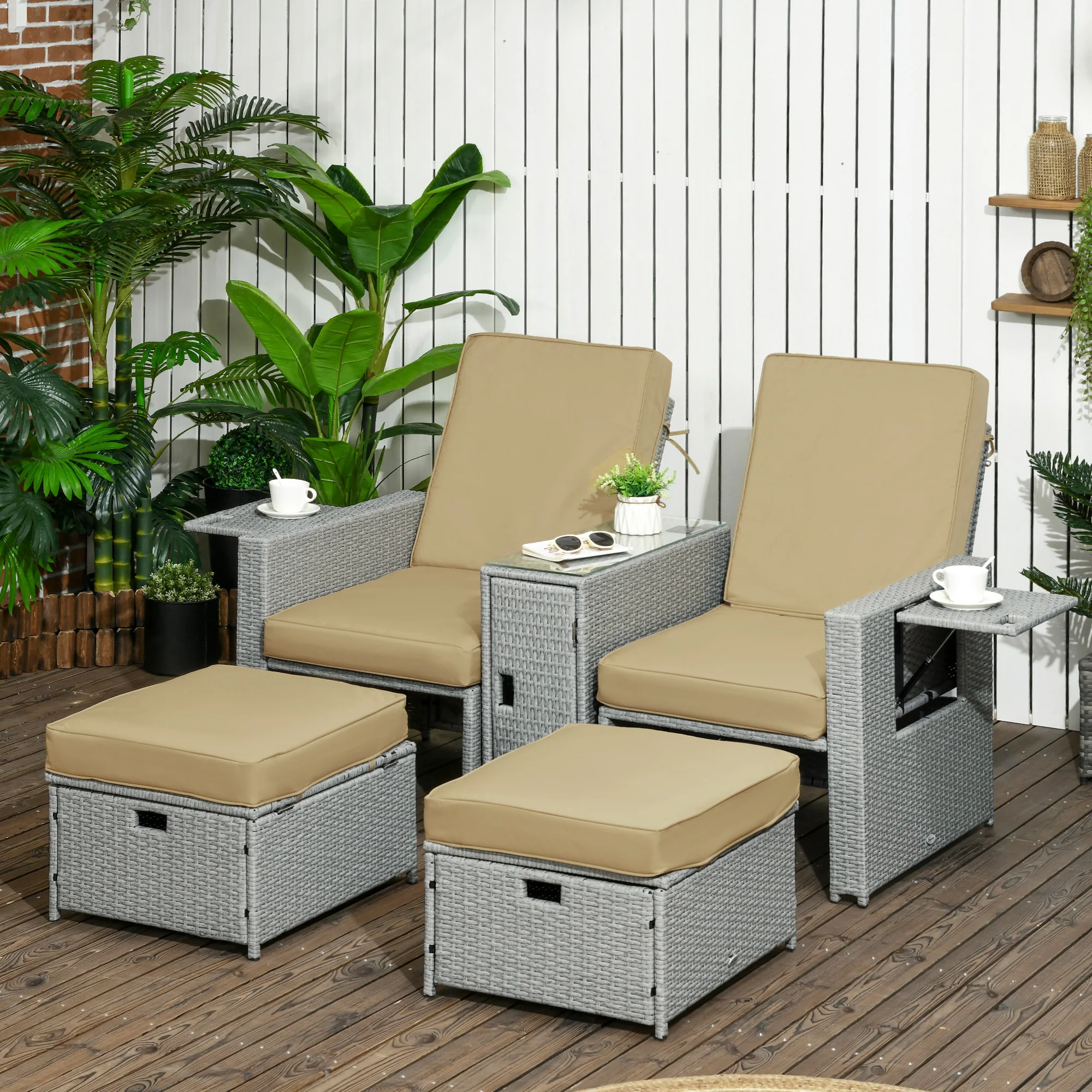 5-Pc Rattan Lounger with 5-Level Reclining Chaise, Stools & Storage Table, Khaki - Image 3
