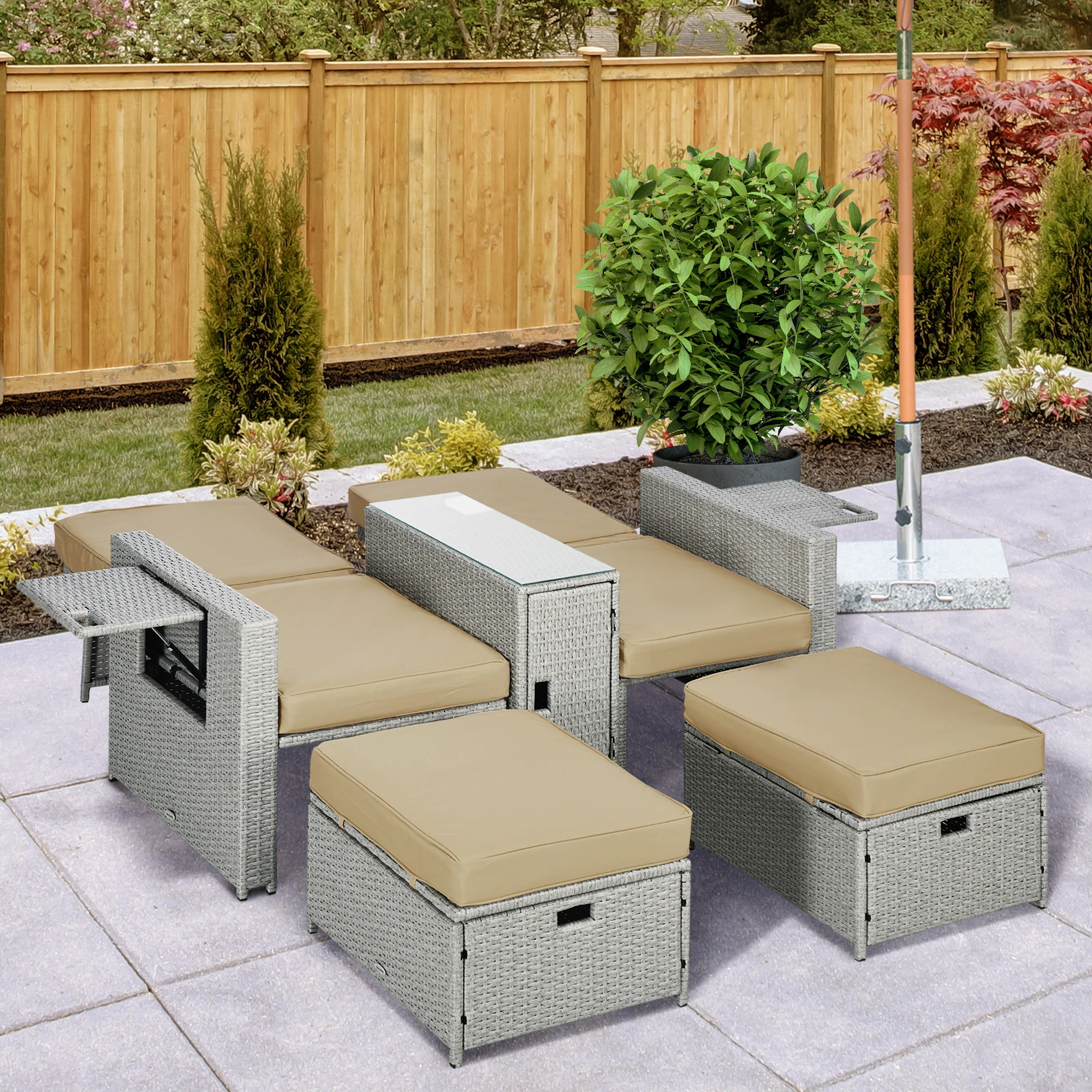 5-Pc Rattan Lounger with 5-Level Reclining Chaise, Stools & Storage Table, Khaki - Image 4