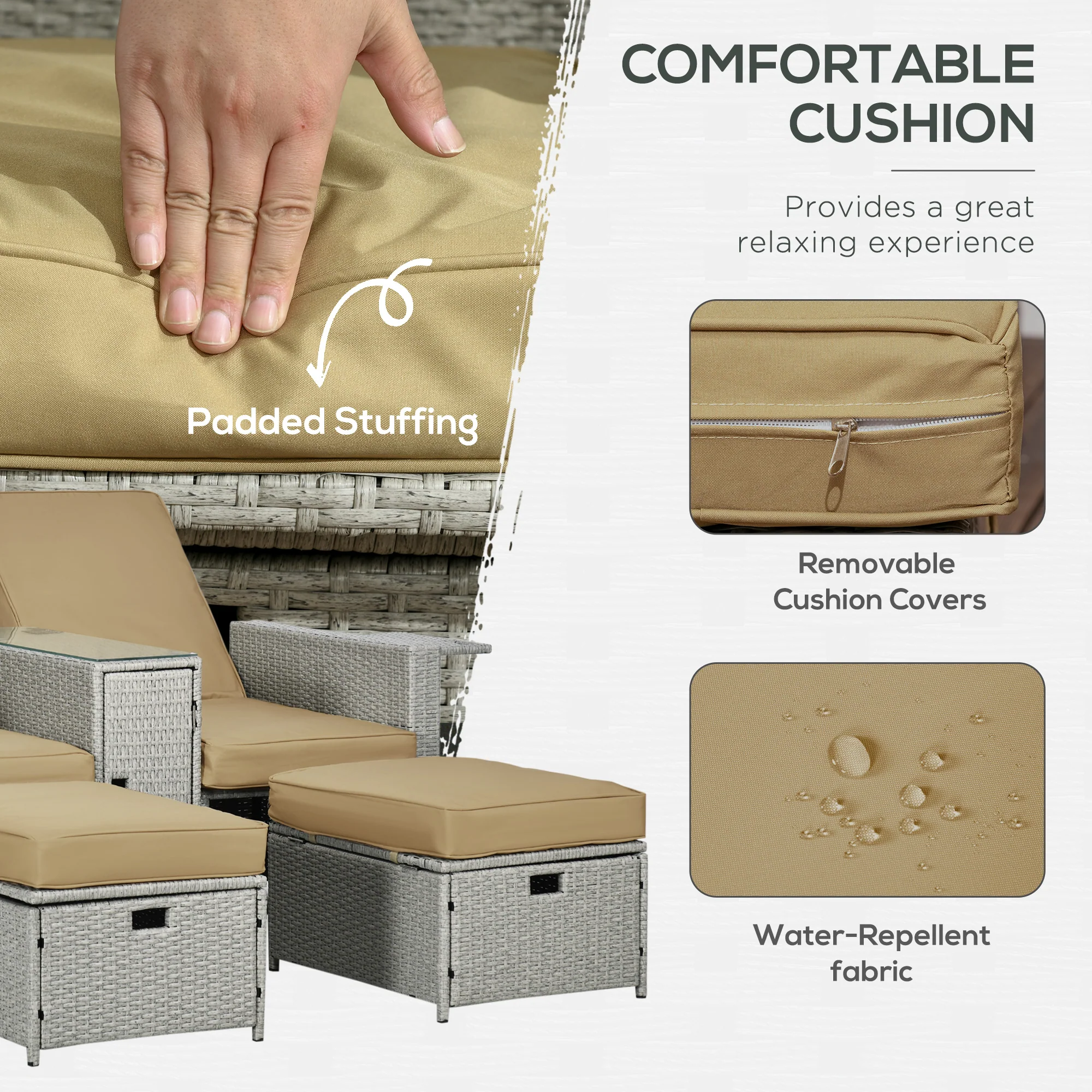 5-Pc Rattan Lounger with 5-Level Reclining Chaise, Stools & Storage Table, Khaki - Image 7
