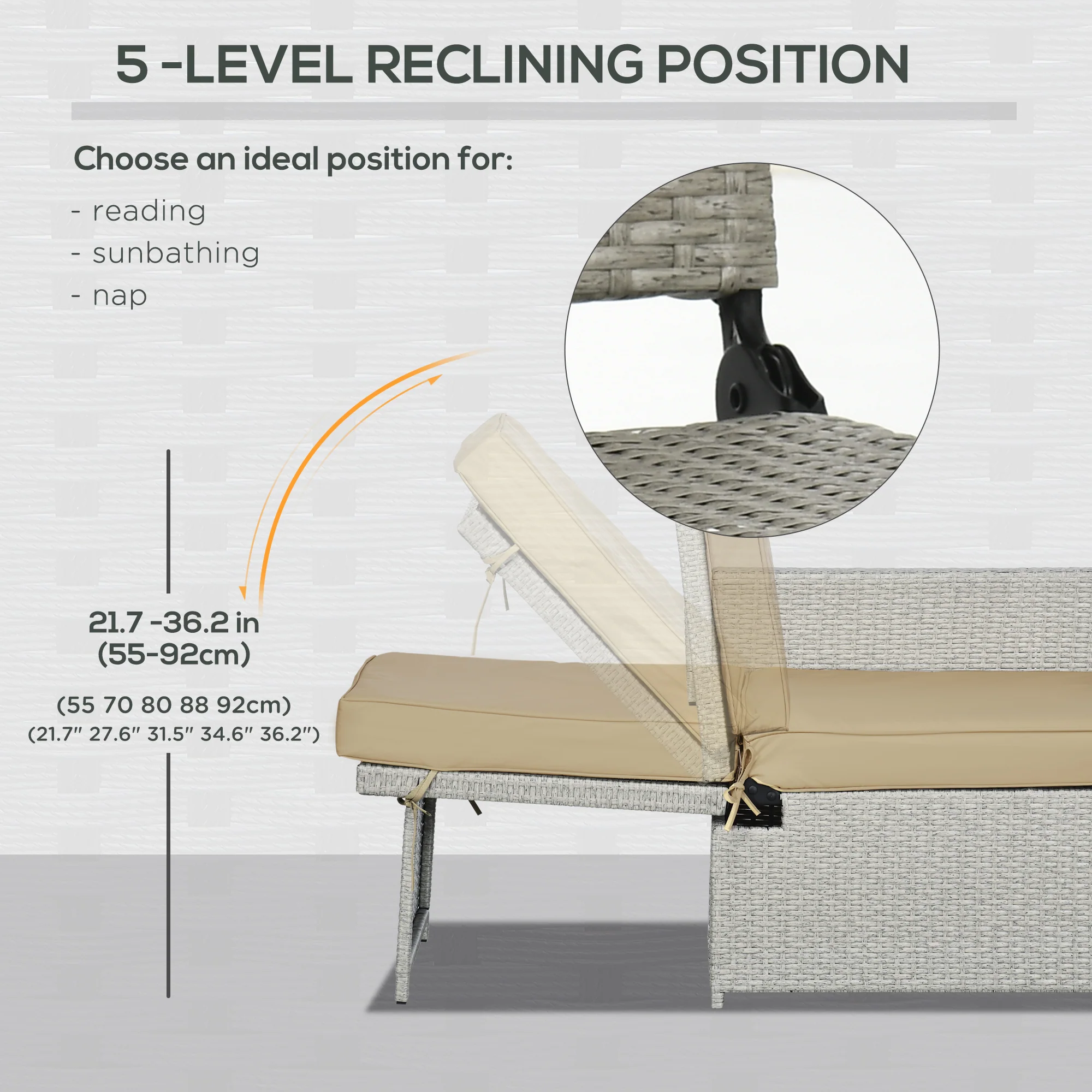 5-Pc Rattan Lounger with 5-Level Reclining Chaise, Stools & Storage Table, Khaki - Image 8