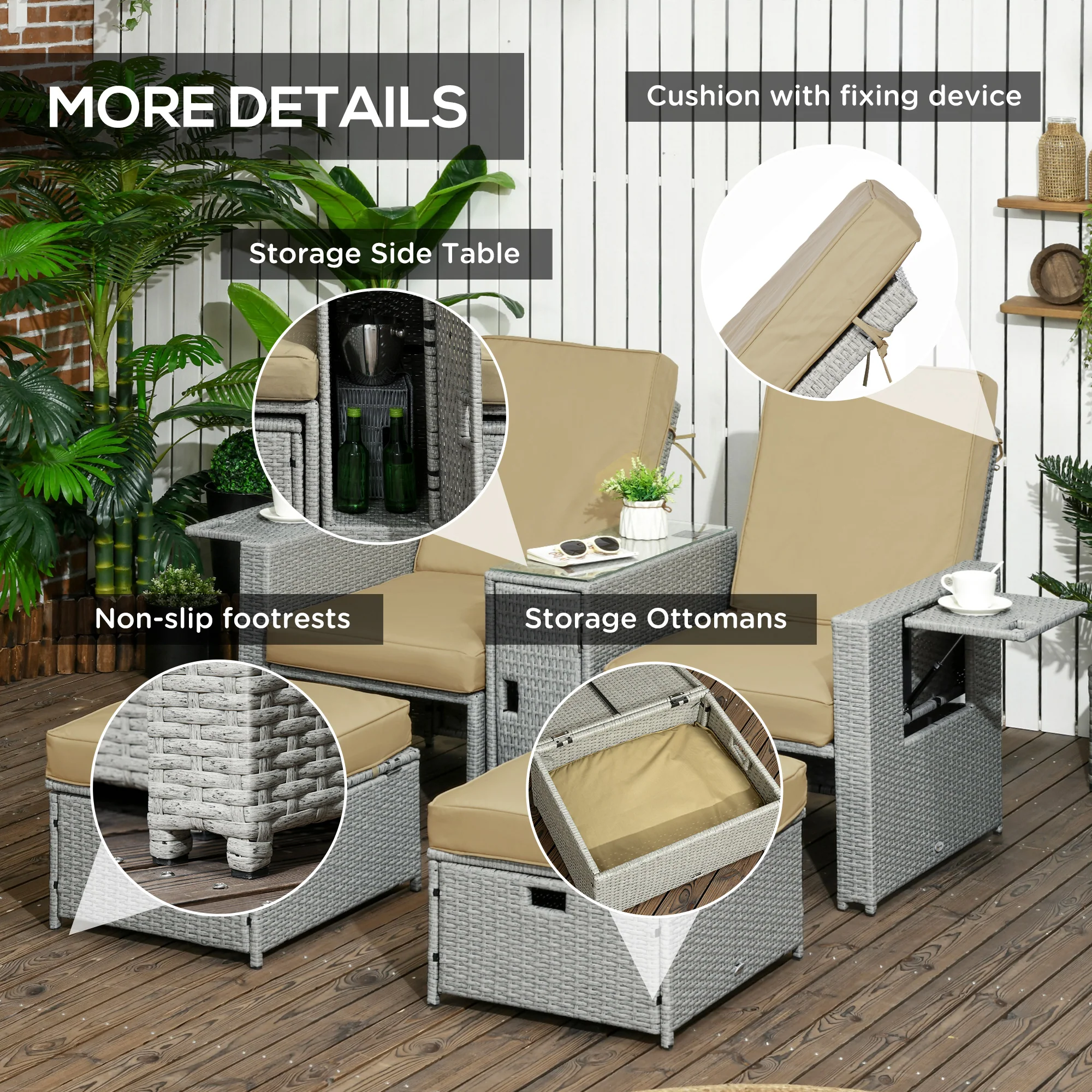 5-Pc Rattan Lounger with 5-Level Reclining Chaise, Stools & Storage Table, Khaki - Image 9