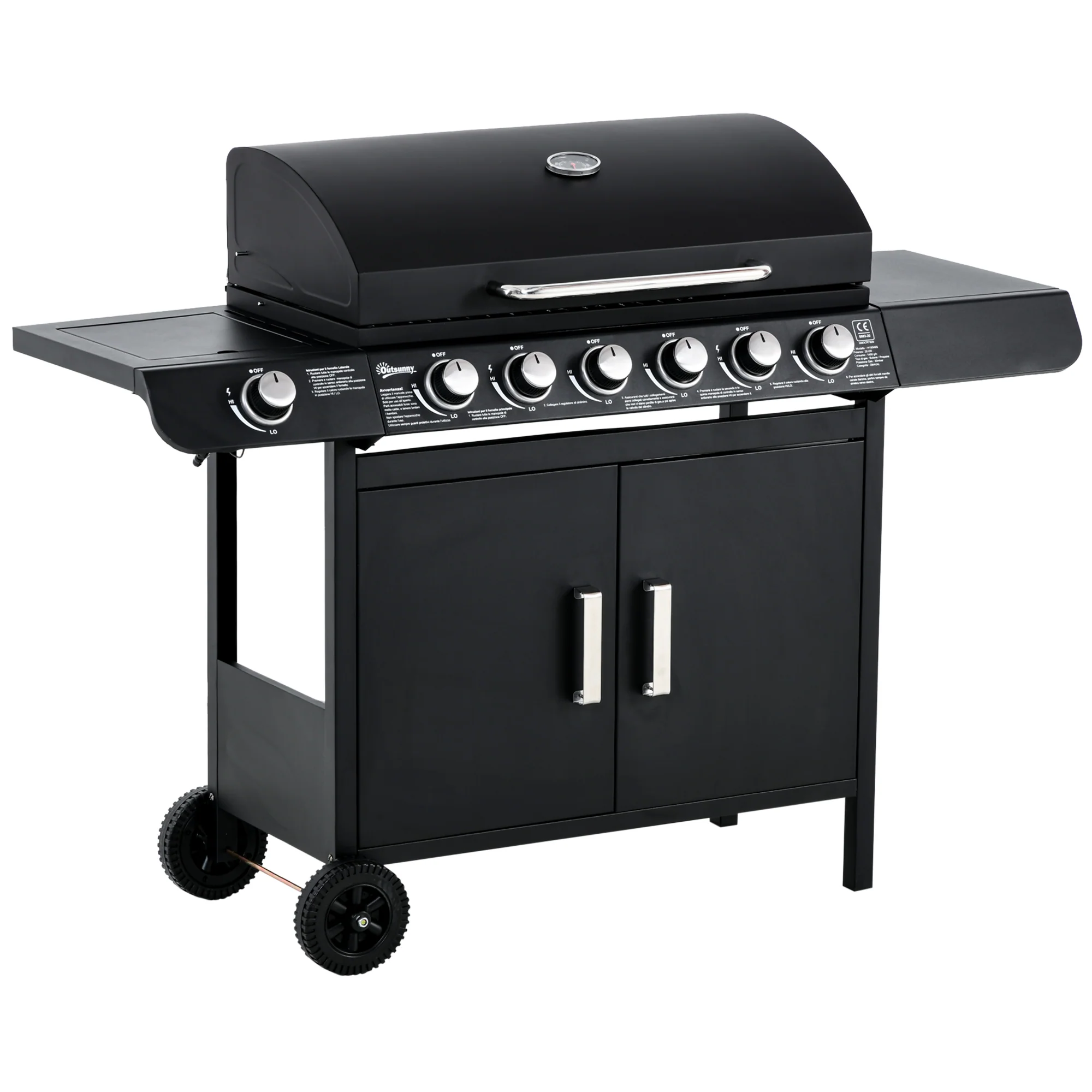 6+1 Burner Gas BBQ Grill with Thermometer & Storage Cabinet, 135 x 51.5 x 100cm, Black