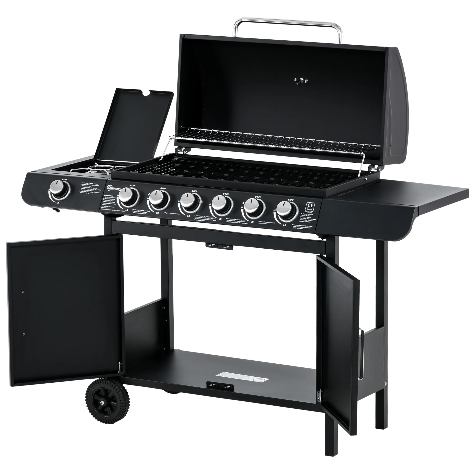 6+1 Burner Gas BBQ Grill with Thermometer & Storage Cabinet, 135 x 51.5 x 100cm, Black - Image 2