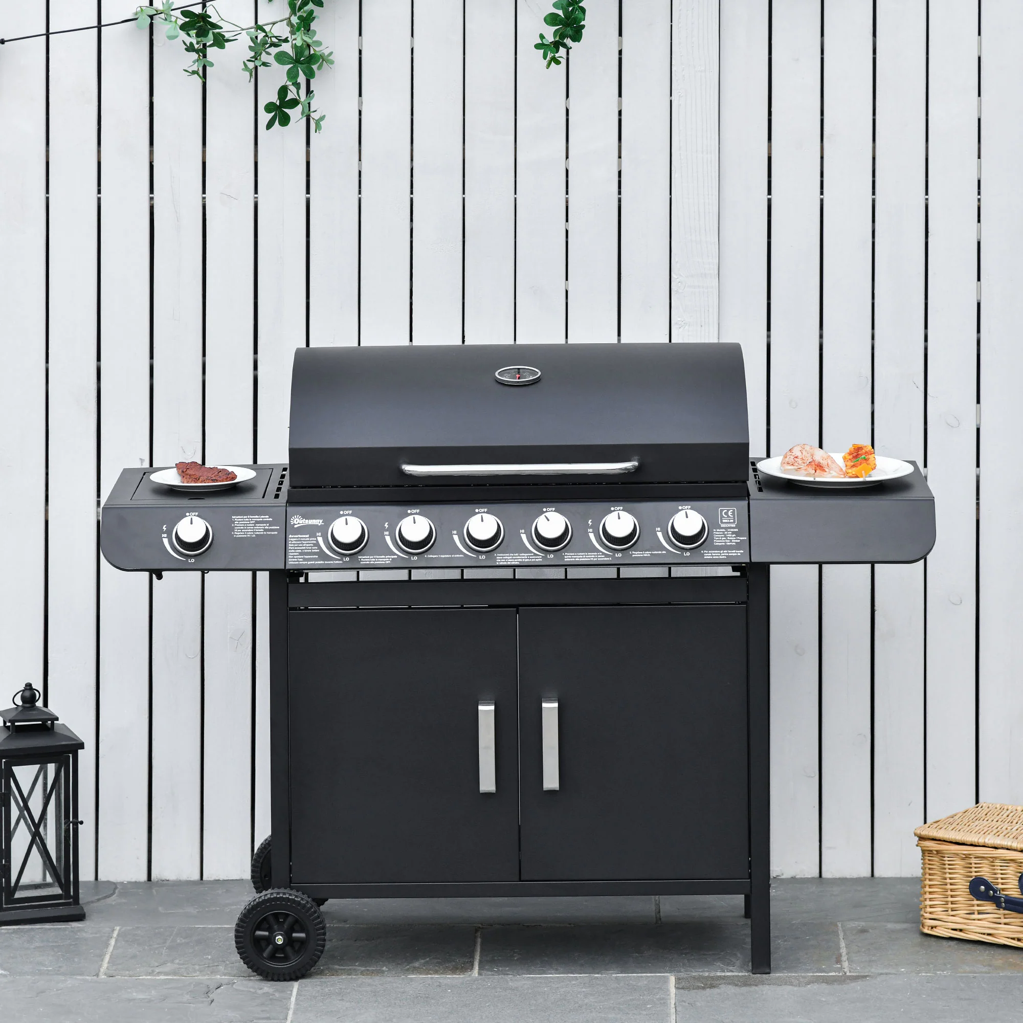 6+1 Burner Gas BBQ Grill with Thermometer & Storage Cabinet, 135 x 51.5 x 100cm, Black - Image 3