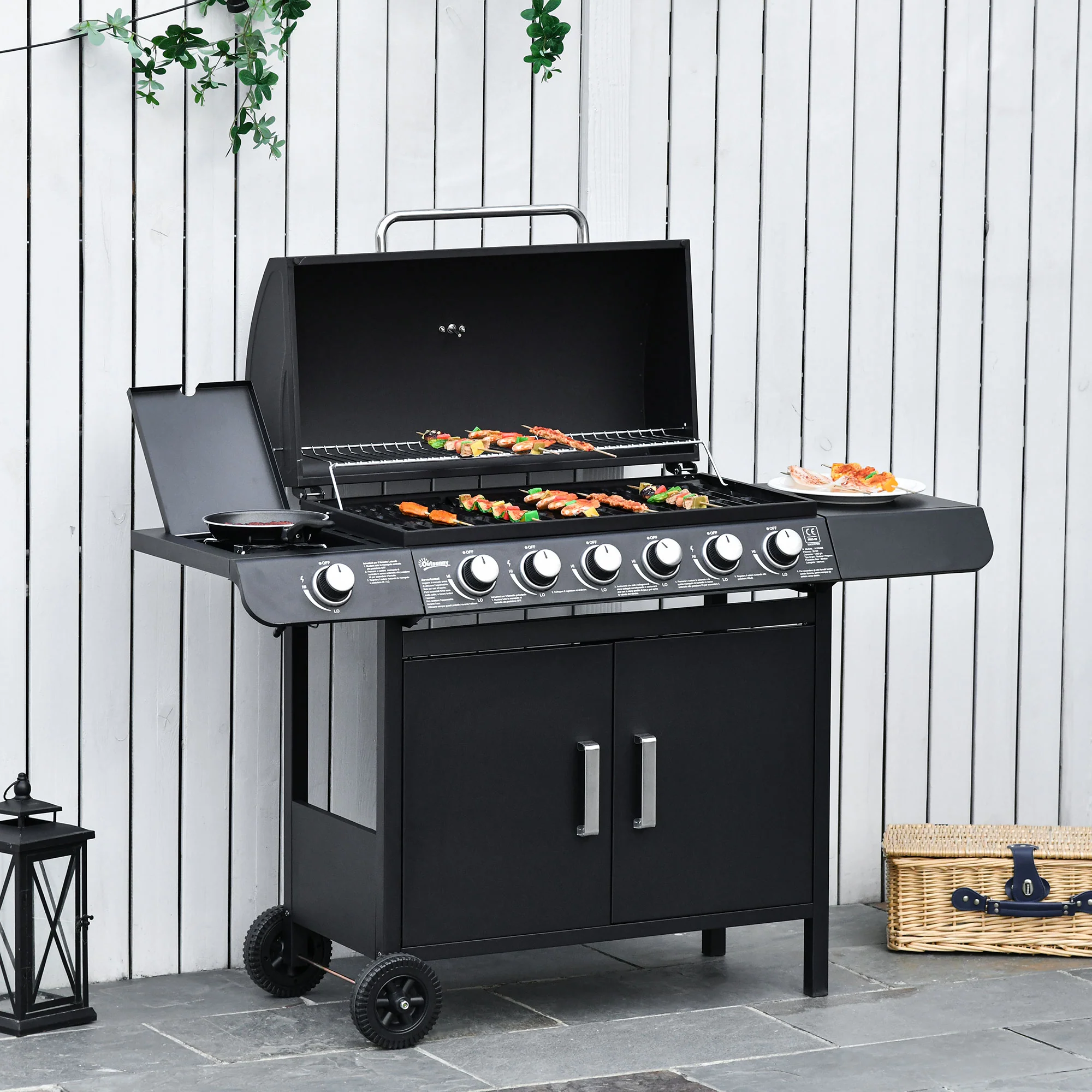 6+1 Burner Gas BBQ Grill with Thermometer & Storage Cabinet, 135 x 51.5 x 100cm, Black - Image 4
