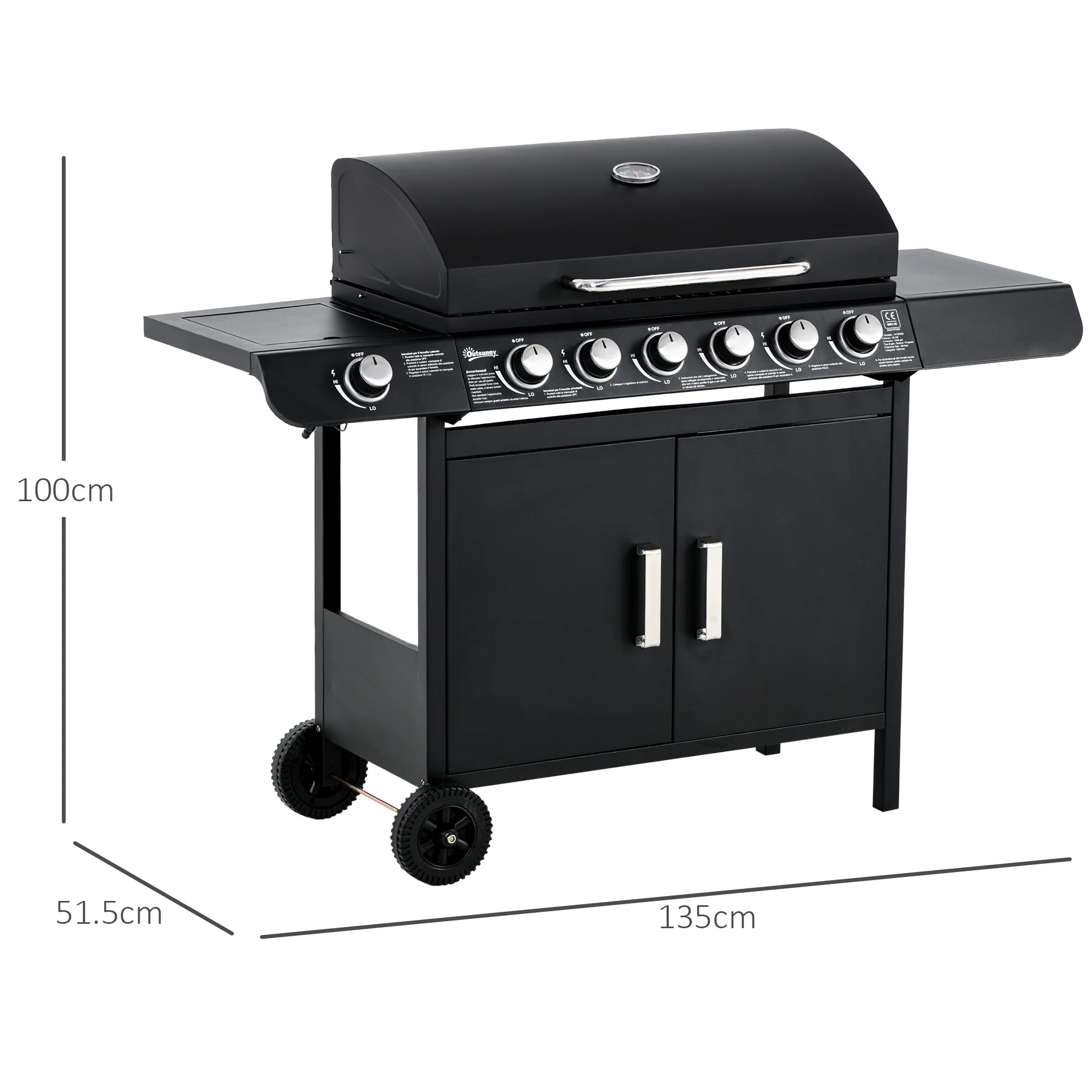 6+1 Burner Gas BBQ Grill with Thermometer & Storage Cabinet, 135 x 51.5 x 100cm, Black - Image 5