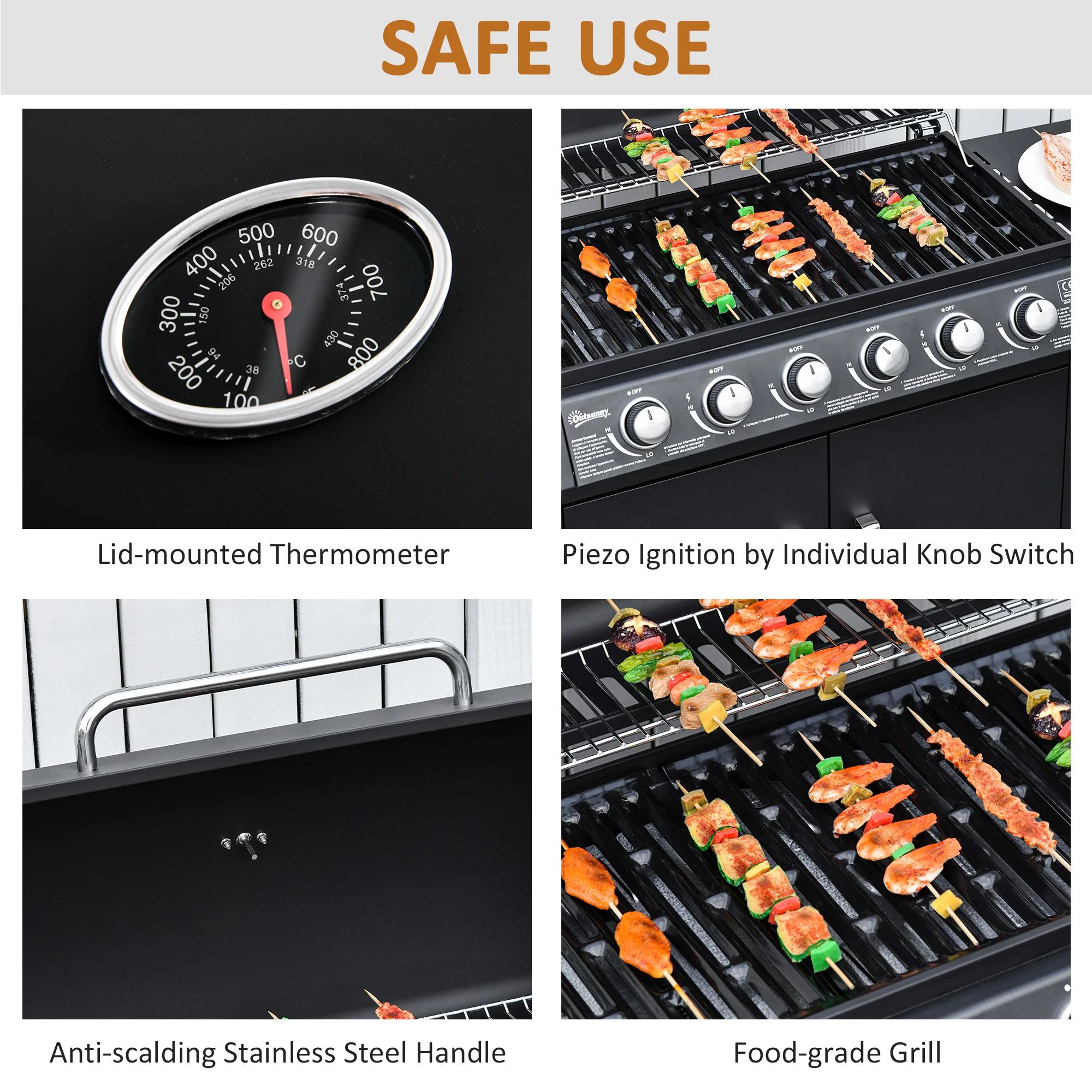 6+1 Burner Gas BBQ Grill with Thermometer & Storage Cabinet, 135 x 51.5 x 100cm, Black - Image 8