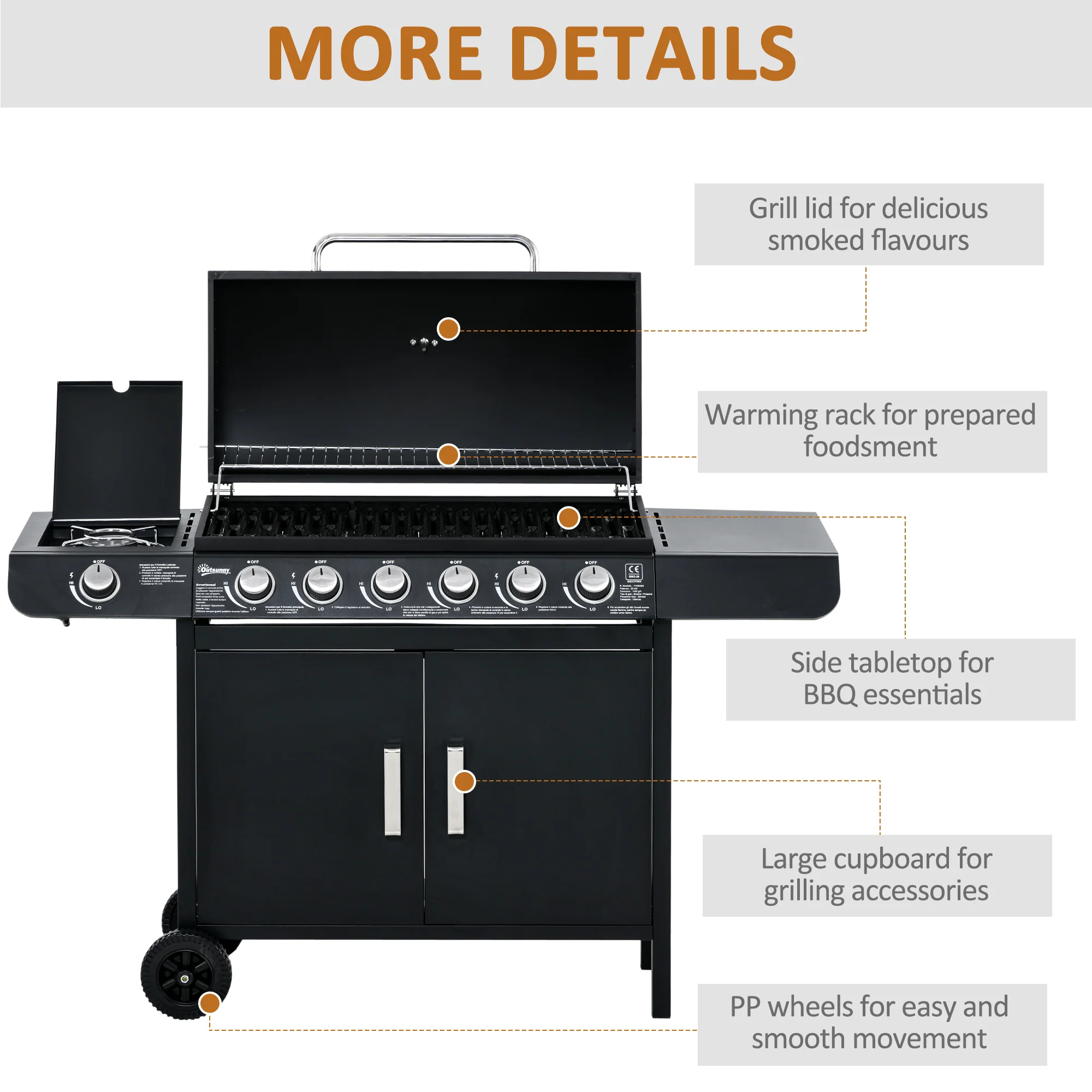 6+1 Burner Gas BBQ Grill with Thermometer & Storage Cabinet, 135 x 51.5 x 100cm, Black - Image 9