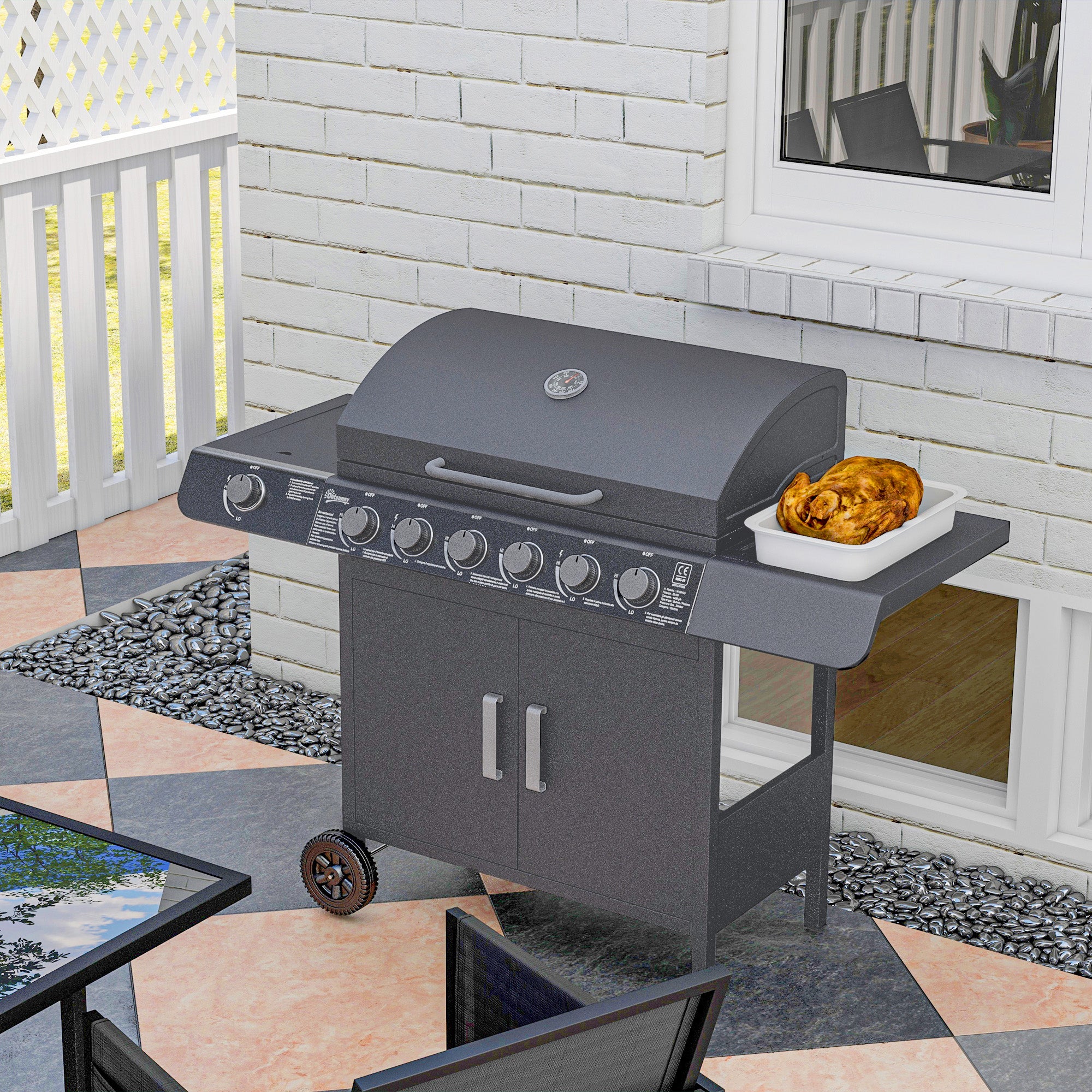 6+1 Burner Gas BBQ Gril with Side Burner, Warming Rack & Thermometer, 135 x 51.5 x 100cm, Grey - Image 11