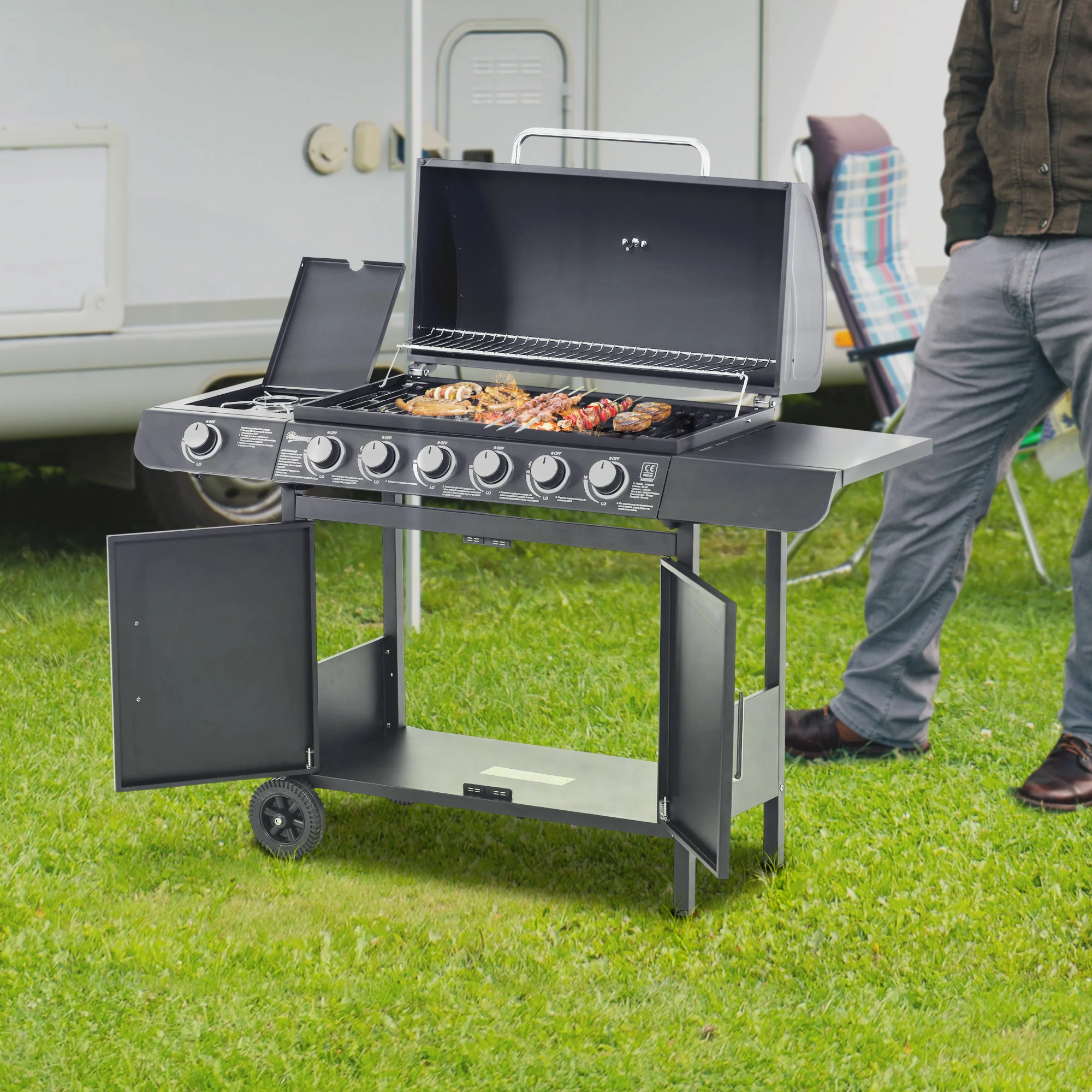 6+1 Burner Gas BBQ Gril with Side Burner, Warming Rack & Thermometer, 135 x 51.5 x 100cm, Grey - Image 4