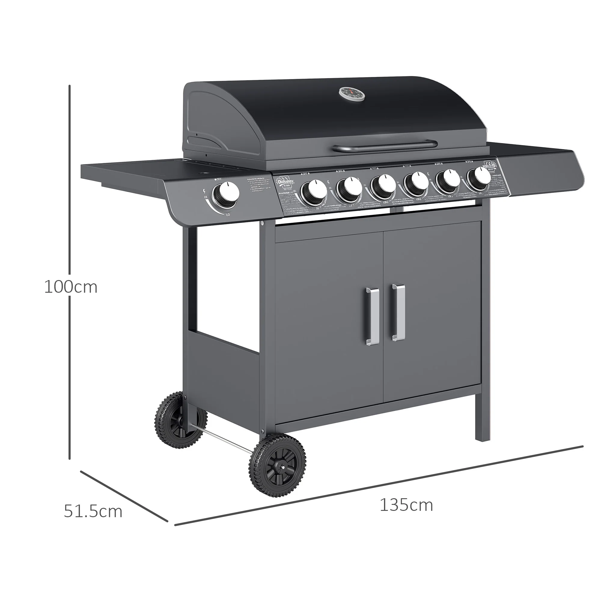 6+1 Burner Gas BBQ Gril with Side Burner, Warming Rack & Thermometer, 135 x 51.5 x 100cm, Grey - Image 5