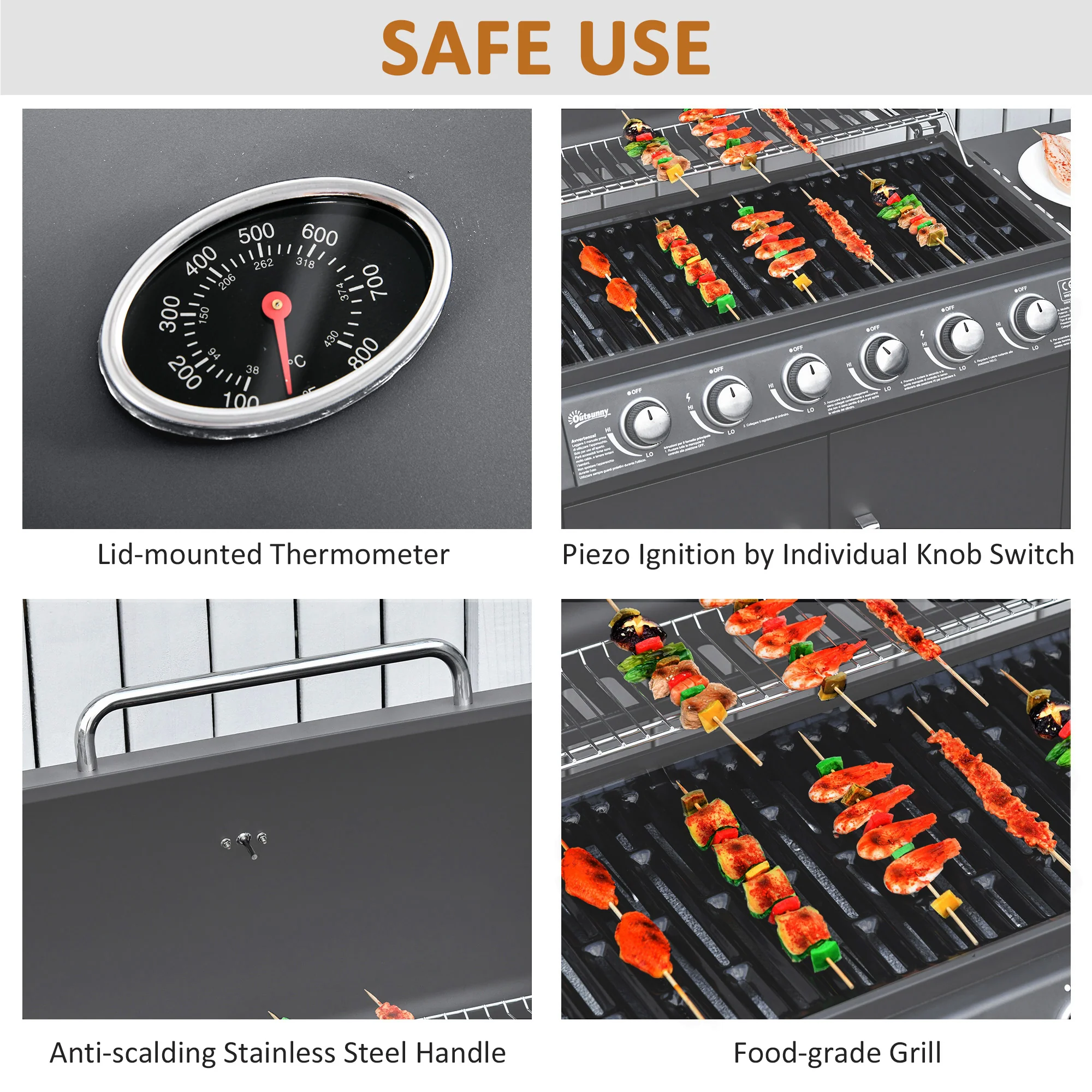 6+1 Burner Gas BBQ Gril with Side Burner, Warming Rack & Thermometer, 135 x 51.5 x 100cm, Grey - Image 8