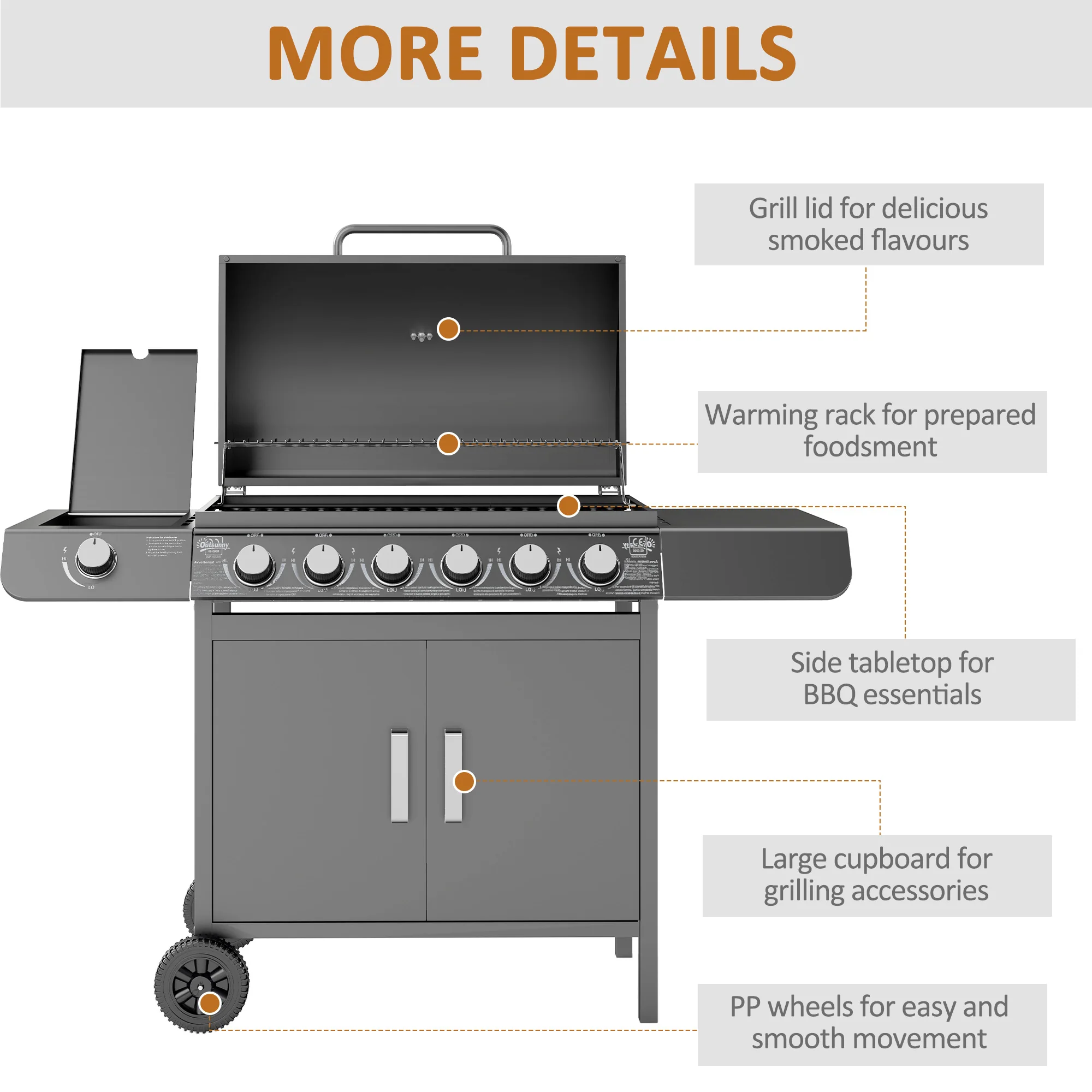 6+1 Burner Gas BBQ Gril with Side Burner, Warming Rack & Thermometer, 135 x 51.5 x 100cm, Grey - Image 9