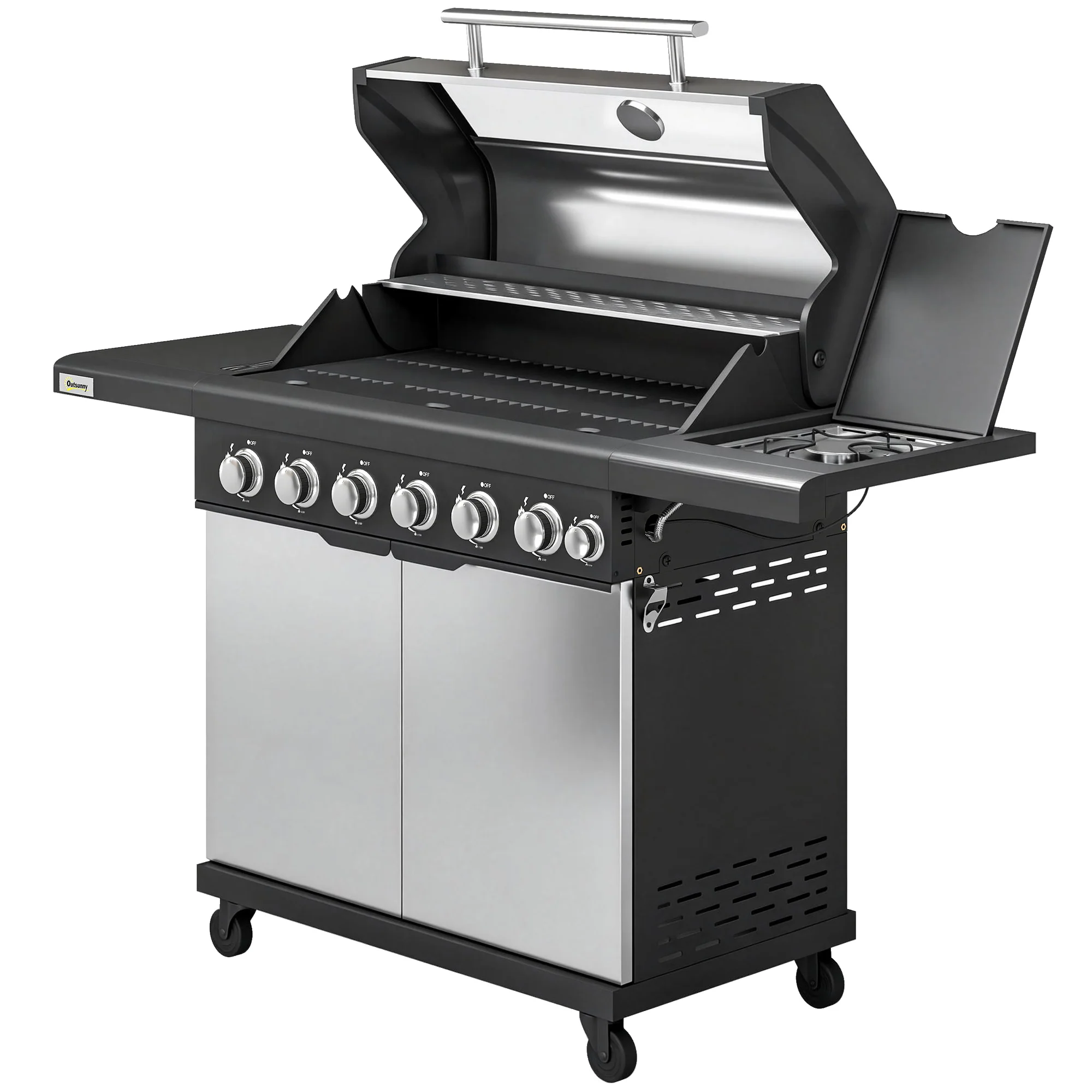 6+1 Burner Gas BBQ Grill with Cabinet and Viewing Window, Silver Tone - Image 2