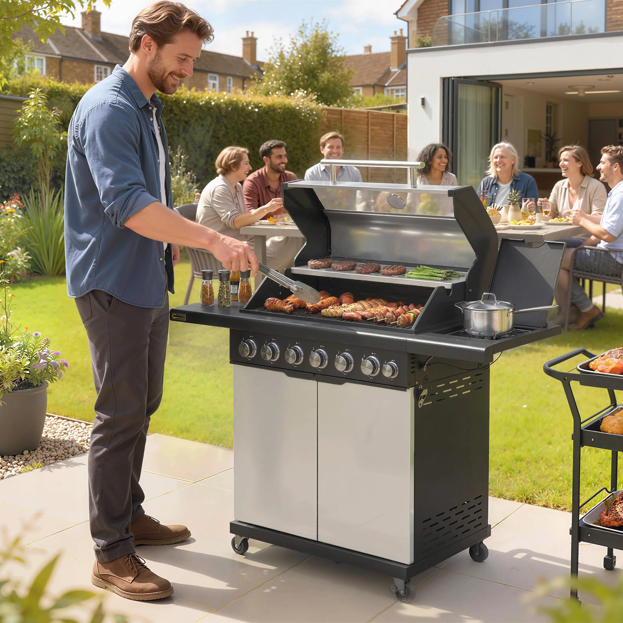 6+1 Burner Gas BBQ Grill with Cabinet and Viewing Window, Silver Tone - Image 3