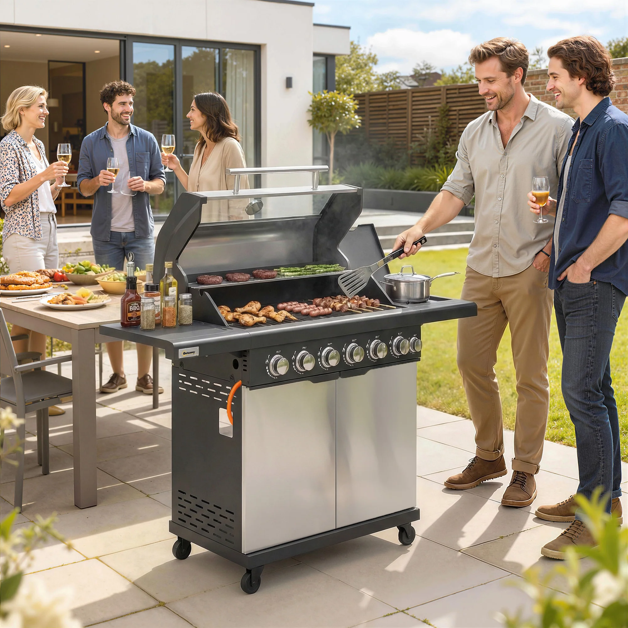 6+1 Burner Gas BBQ Grill with Cabinet and Viewing Window, Silver Tone - Image 4