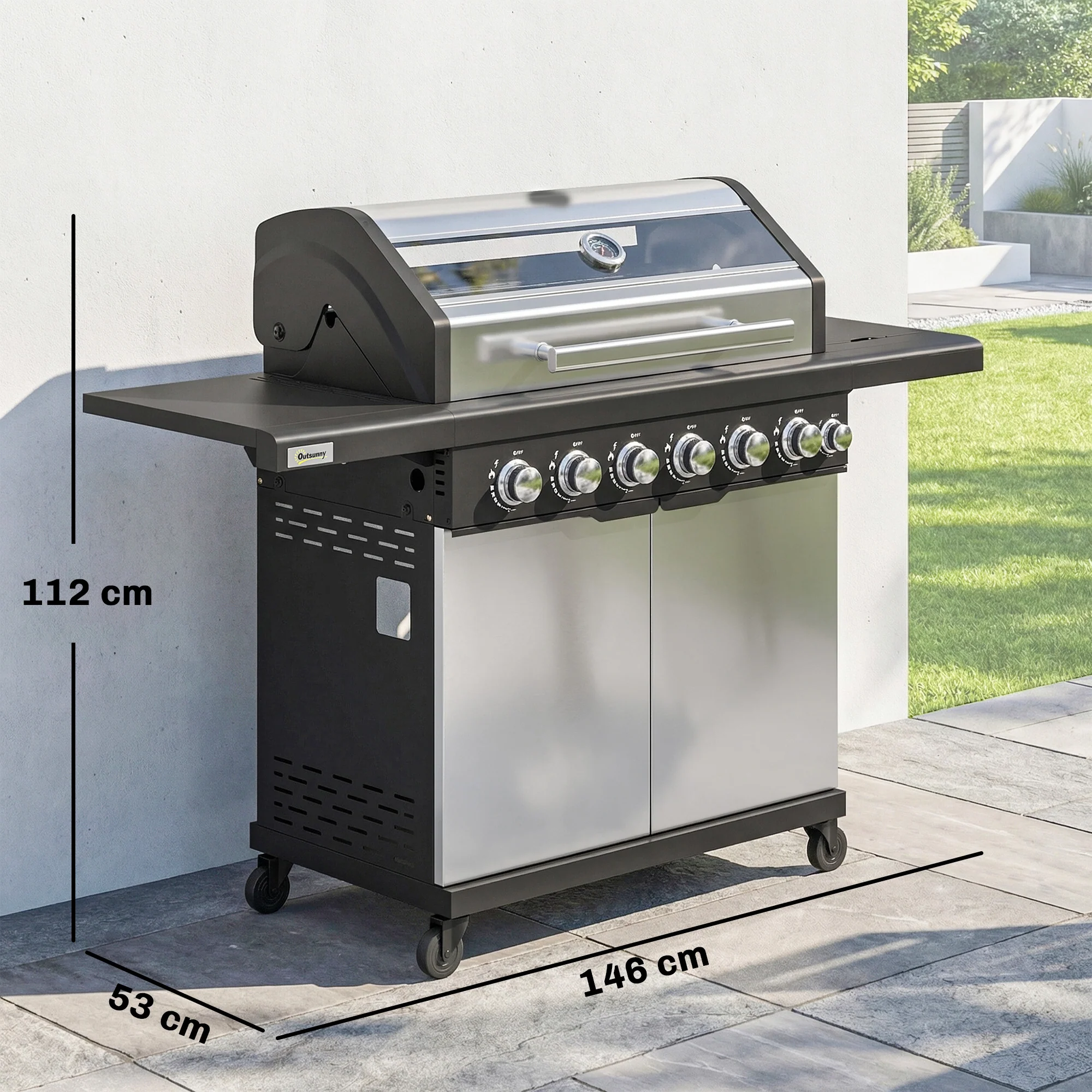 6+1 Burner Gas BBQ Grill with Cabinet and Viewing Window, Silver Tone - Image 5