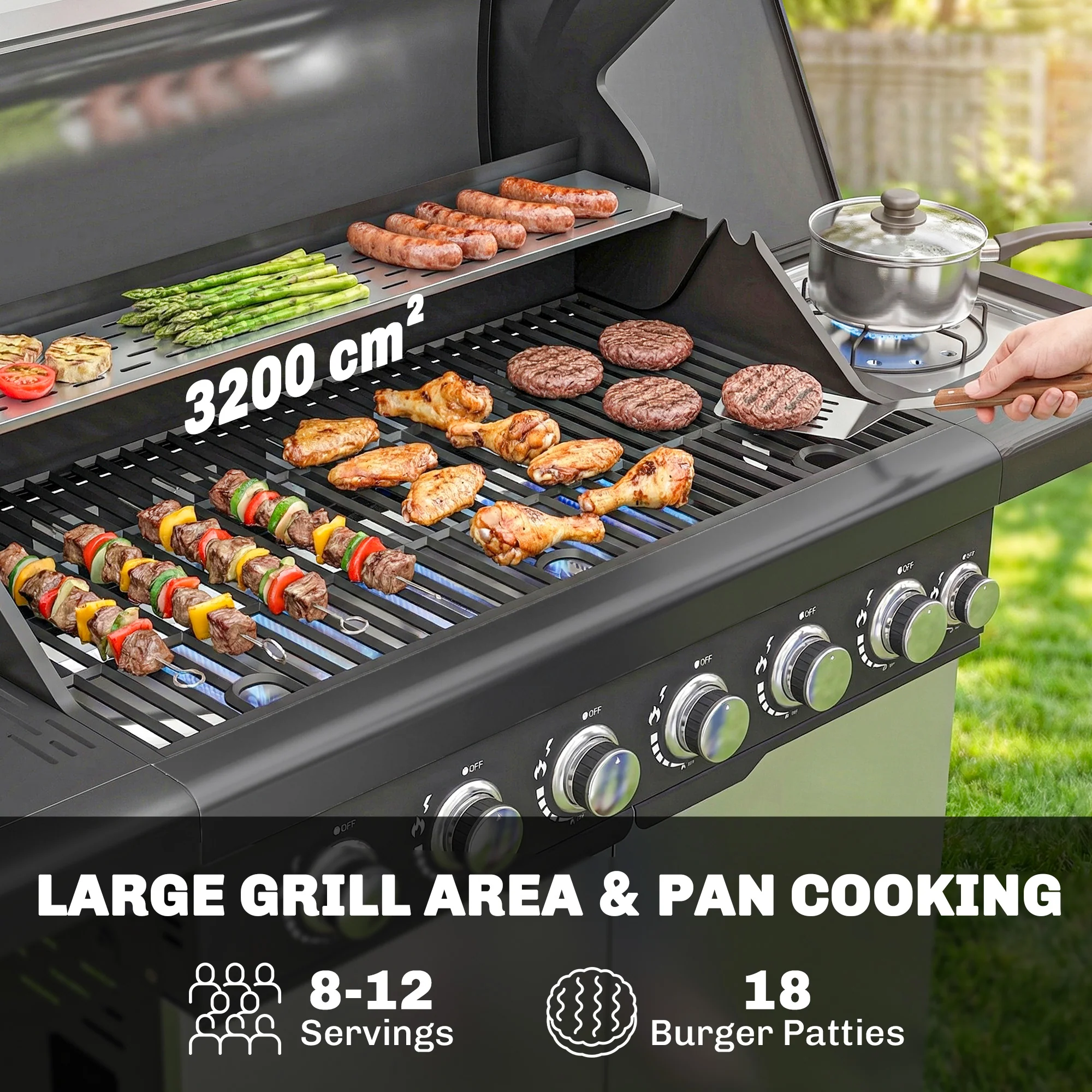 6+1 Burner Gas BBQ Grill with Cabinet and Viewing Window, Silver Tone - Image 6