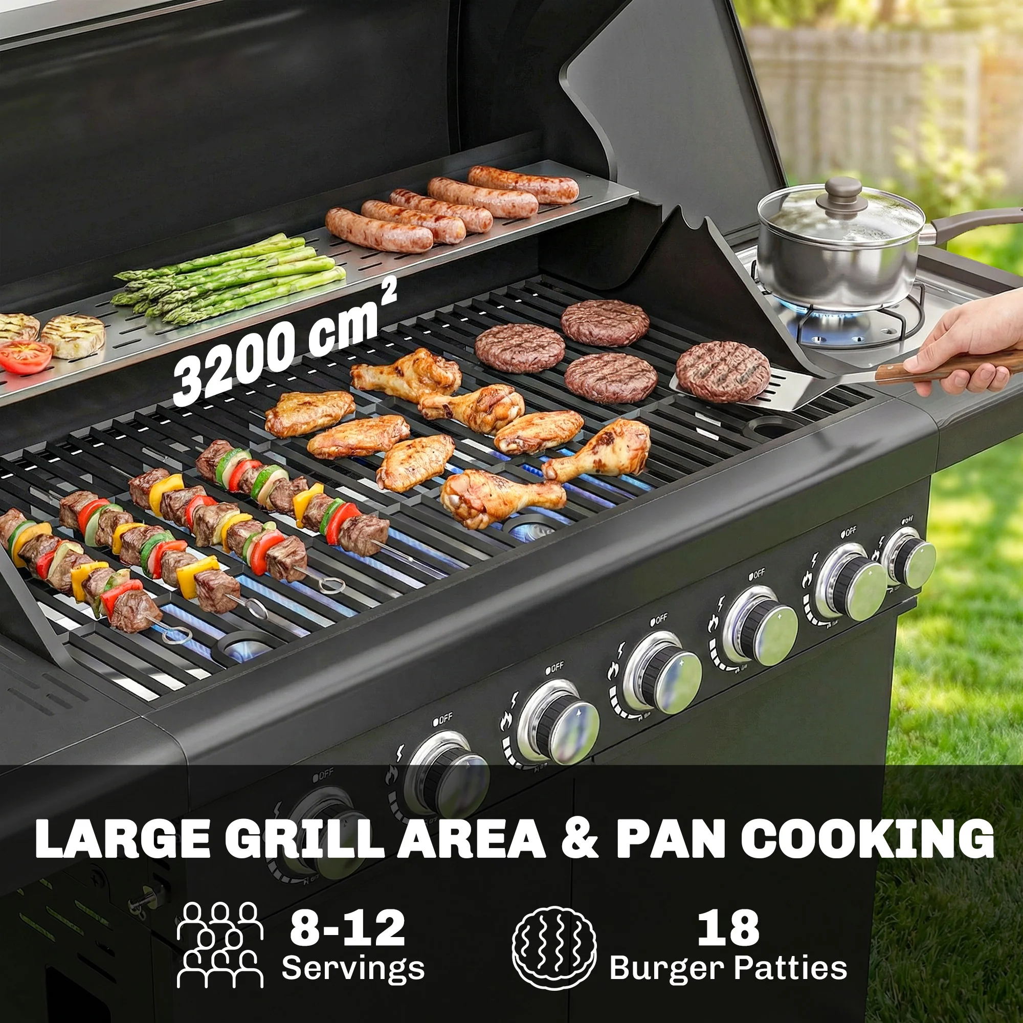6+1 Burner Gas BBQ Grill with Cabinet and Viewing Window, Black - Image 6