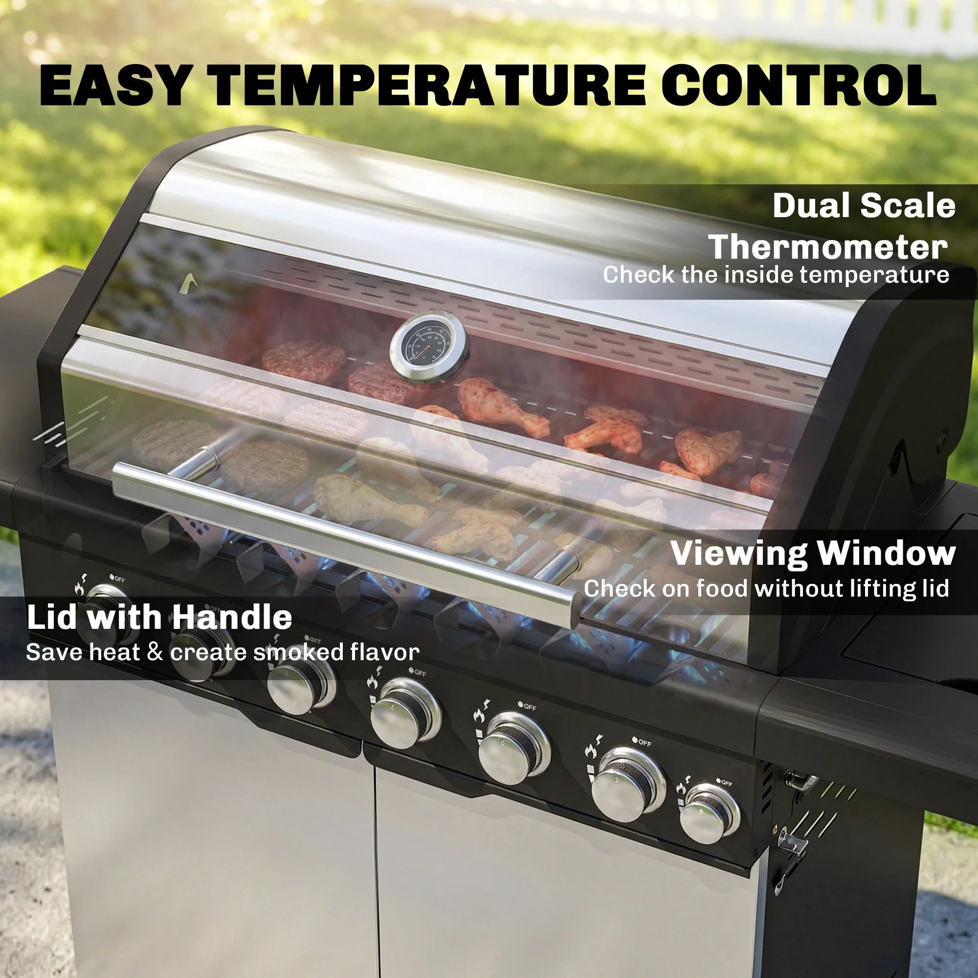 6+1 Burner Gas BBQ Grill with Cabinet and Viewing Window, Silver Tone - Image 8