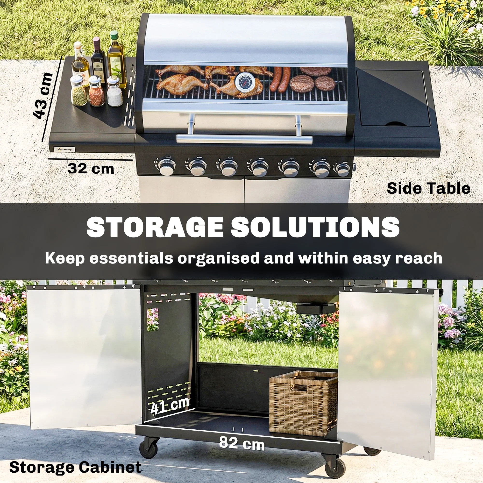 6+1 Burner Gas BBQ Grill with Cabinet and Viewing Window, Silver Tone - Image 9