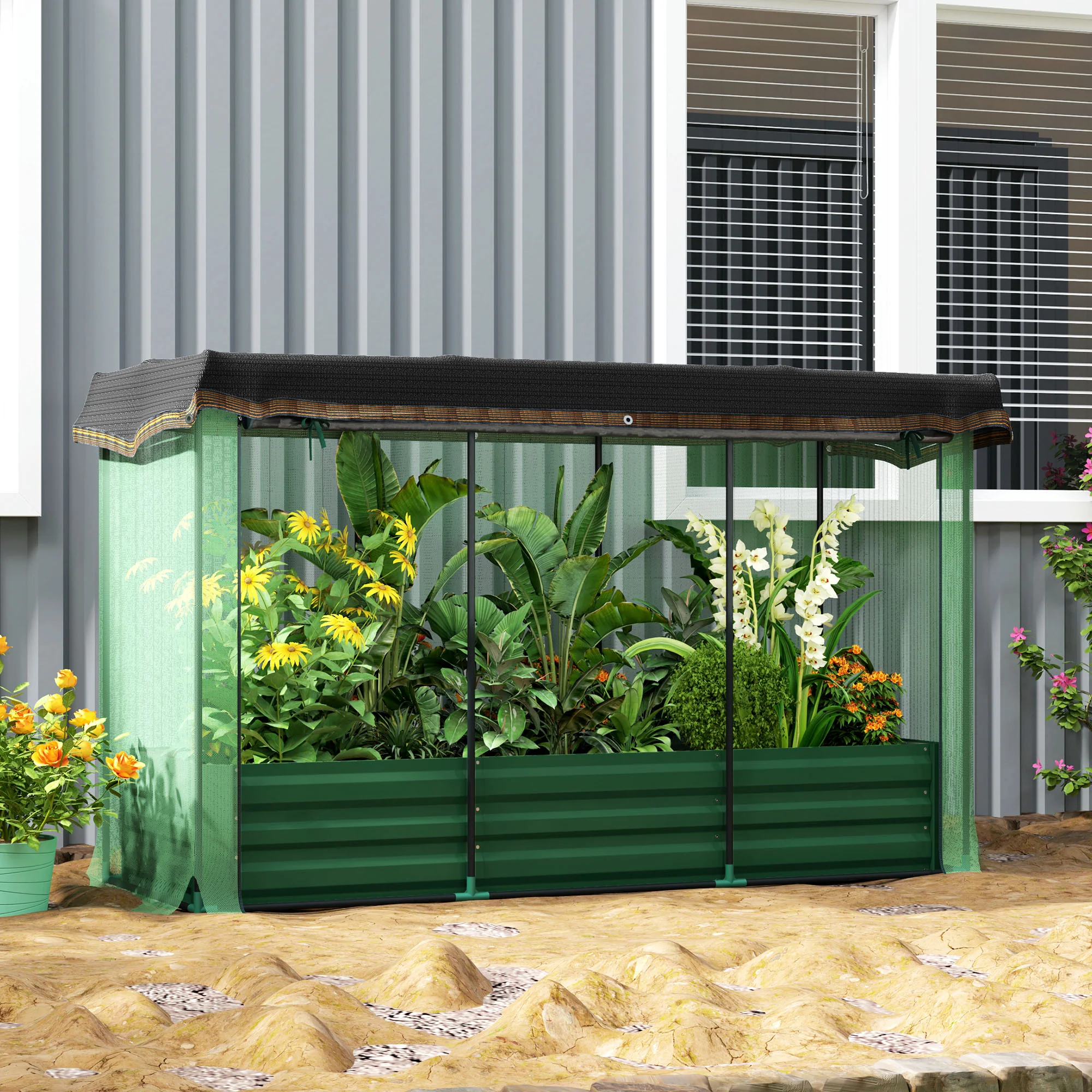 6.1' x 2.1' Galvanized Raised Garden Bed with Cover, Crop Cage with Shade Cloth, Green - Image 4