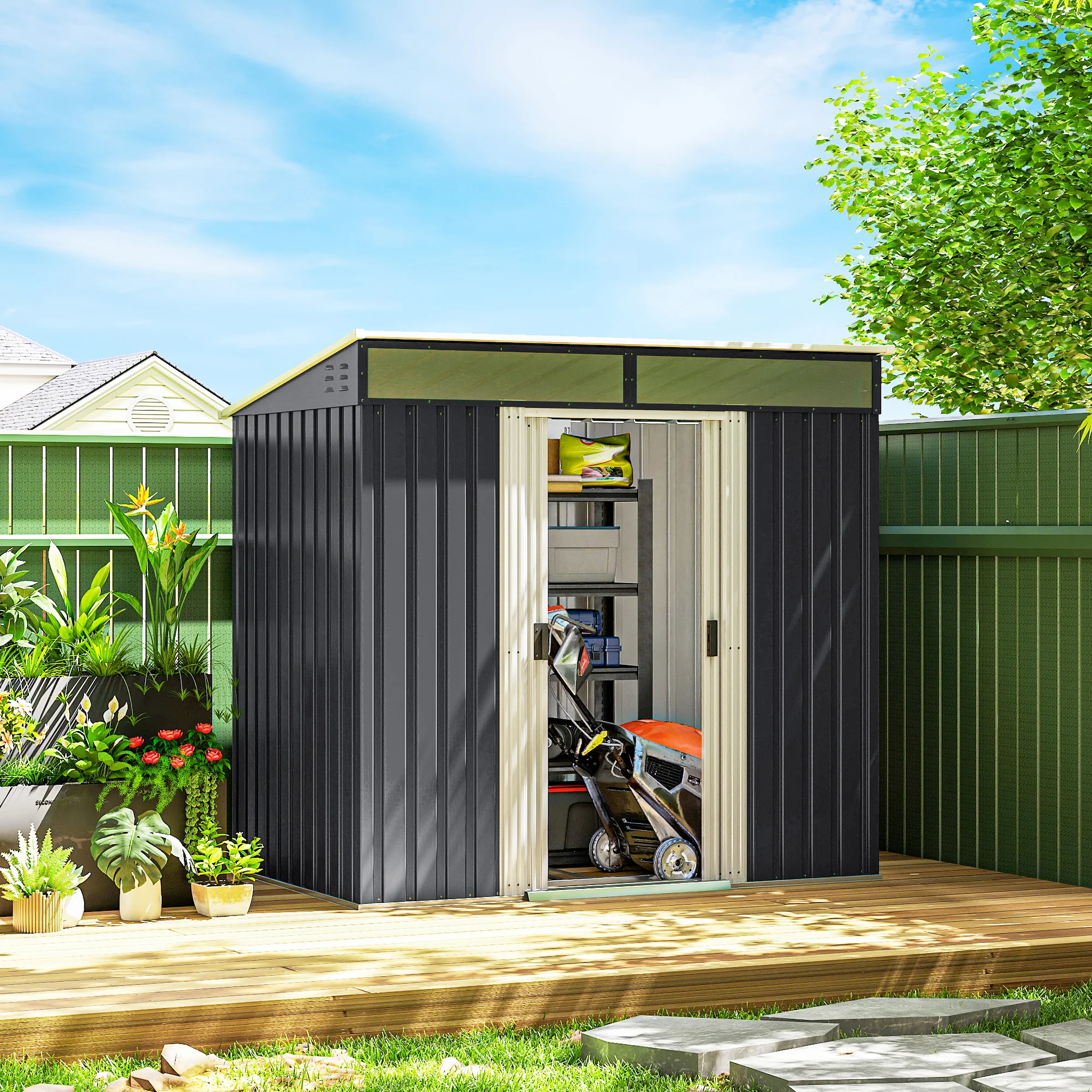 6.5' x 4' Metal Storage Shed with Foundation Kit, Sliding Doors & Vents, Grey - Image 4