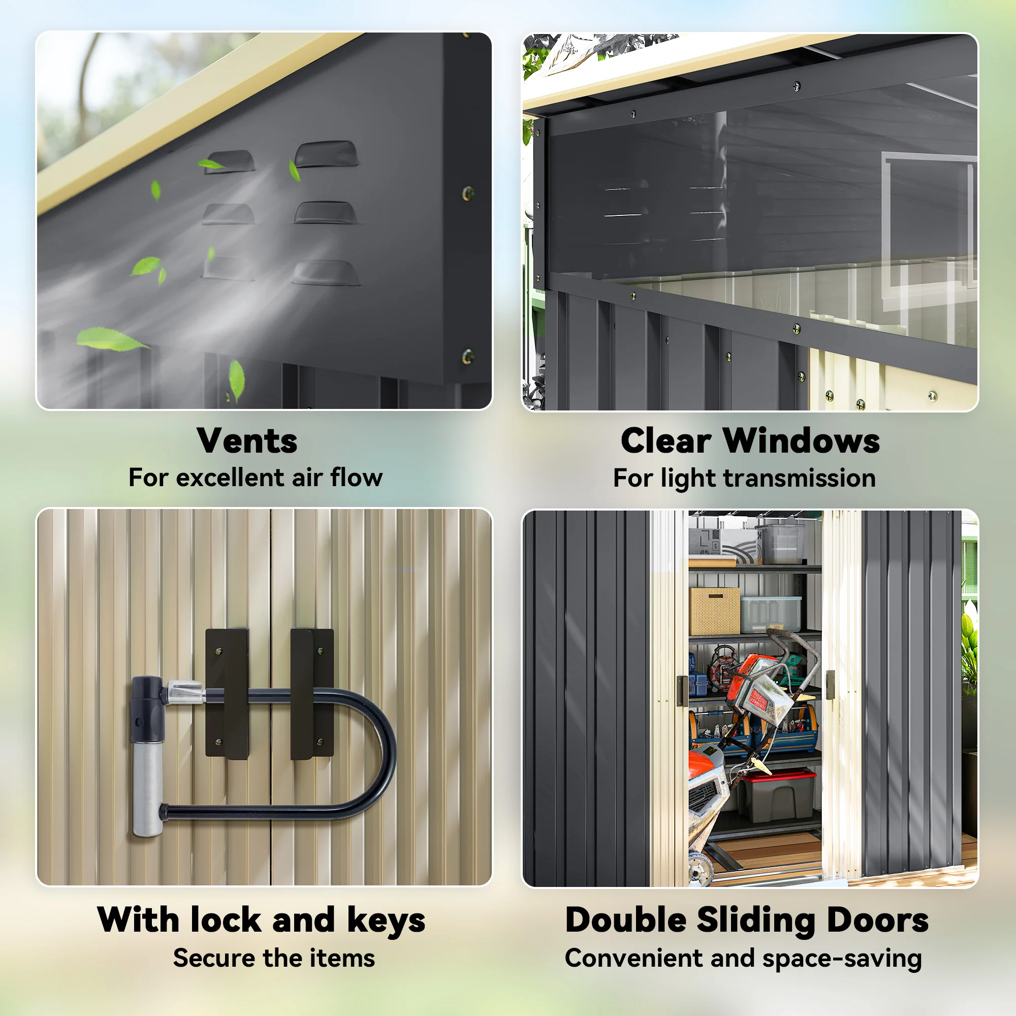 6.5' x 4' Metal Storage Shed with Foundation Kit, Sliding Doors & Vents, Grey - Image 9
