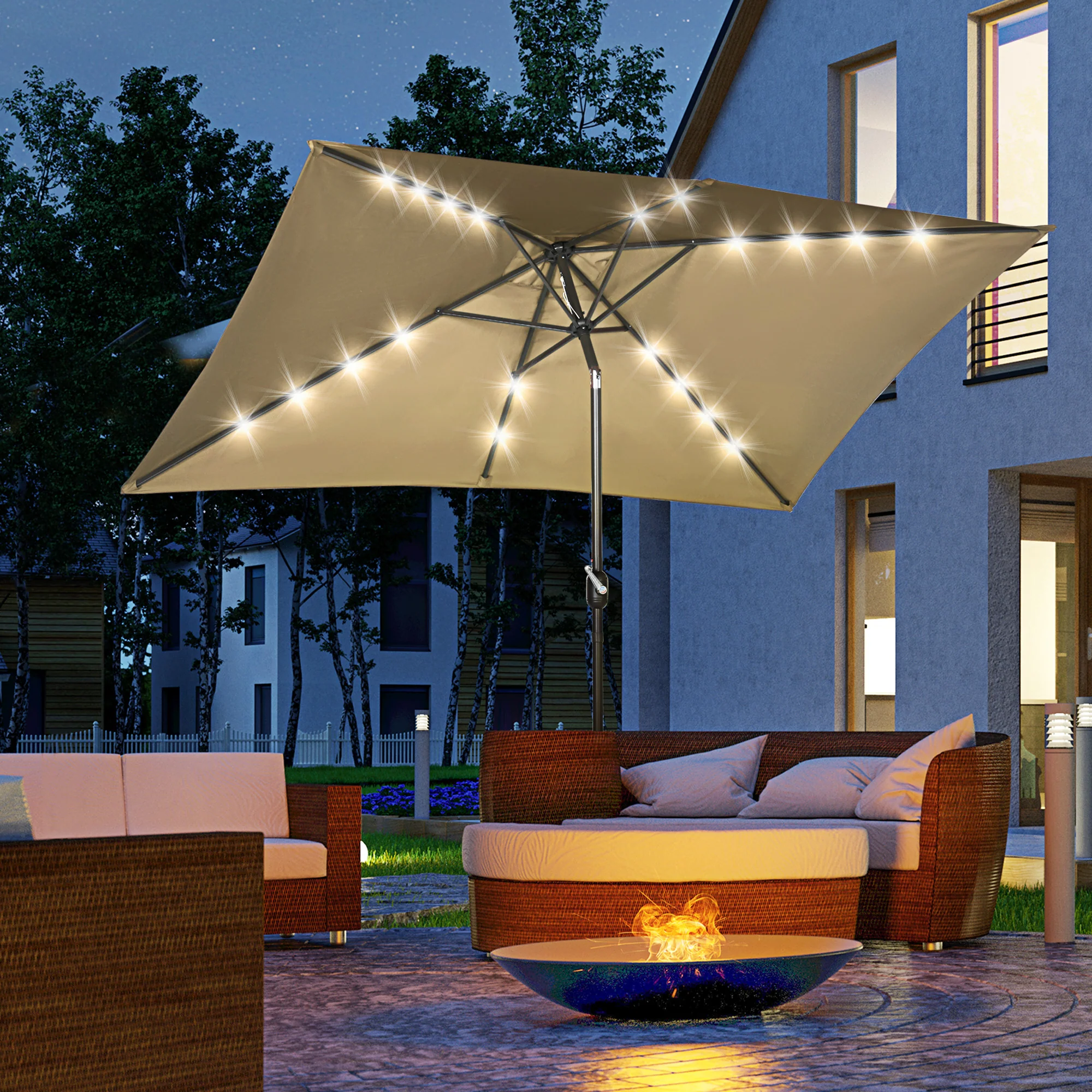 6.5' x 10' Solar Rectangle Market Umbrella with LEDs, Light Coffee - Image 4