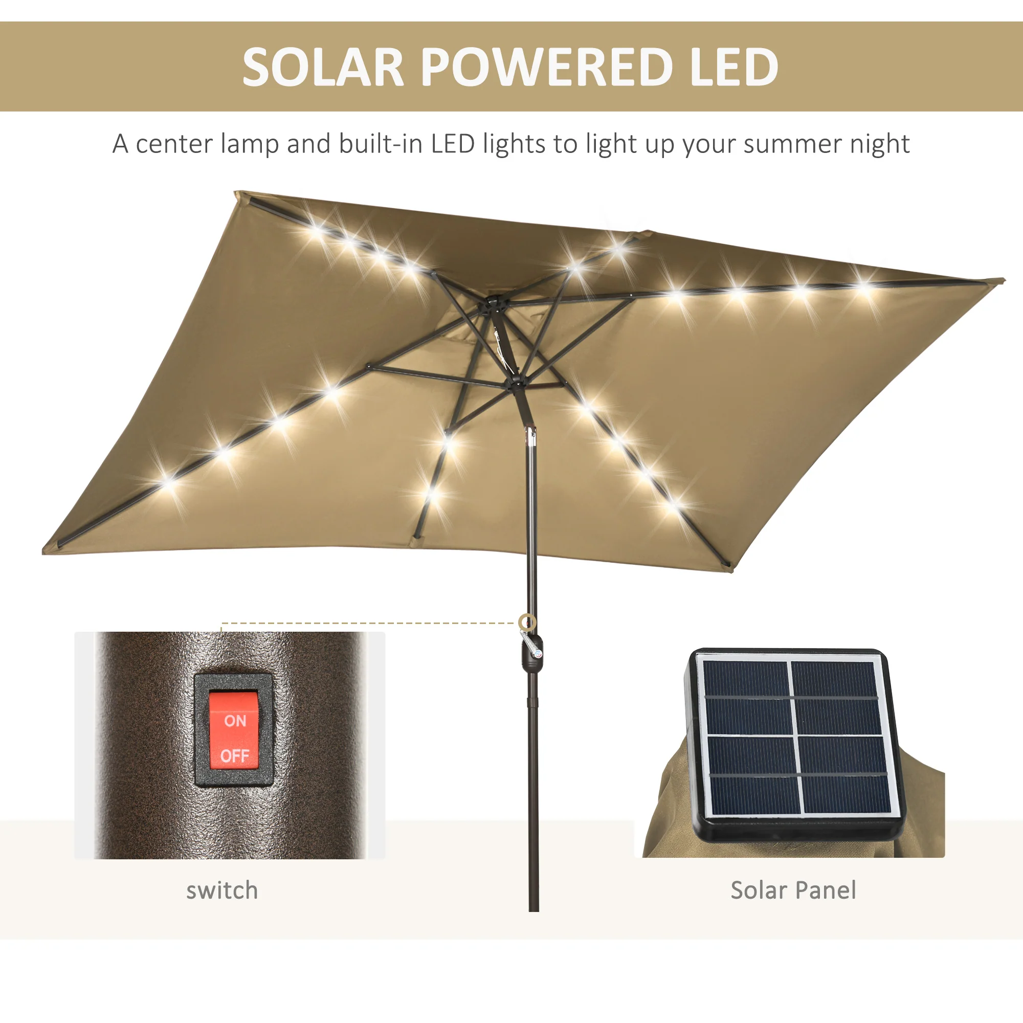 6.5' x 10' Solar Rectangle Market Umbrella with LEDs, Light Coffee - Image 6