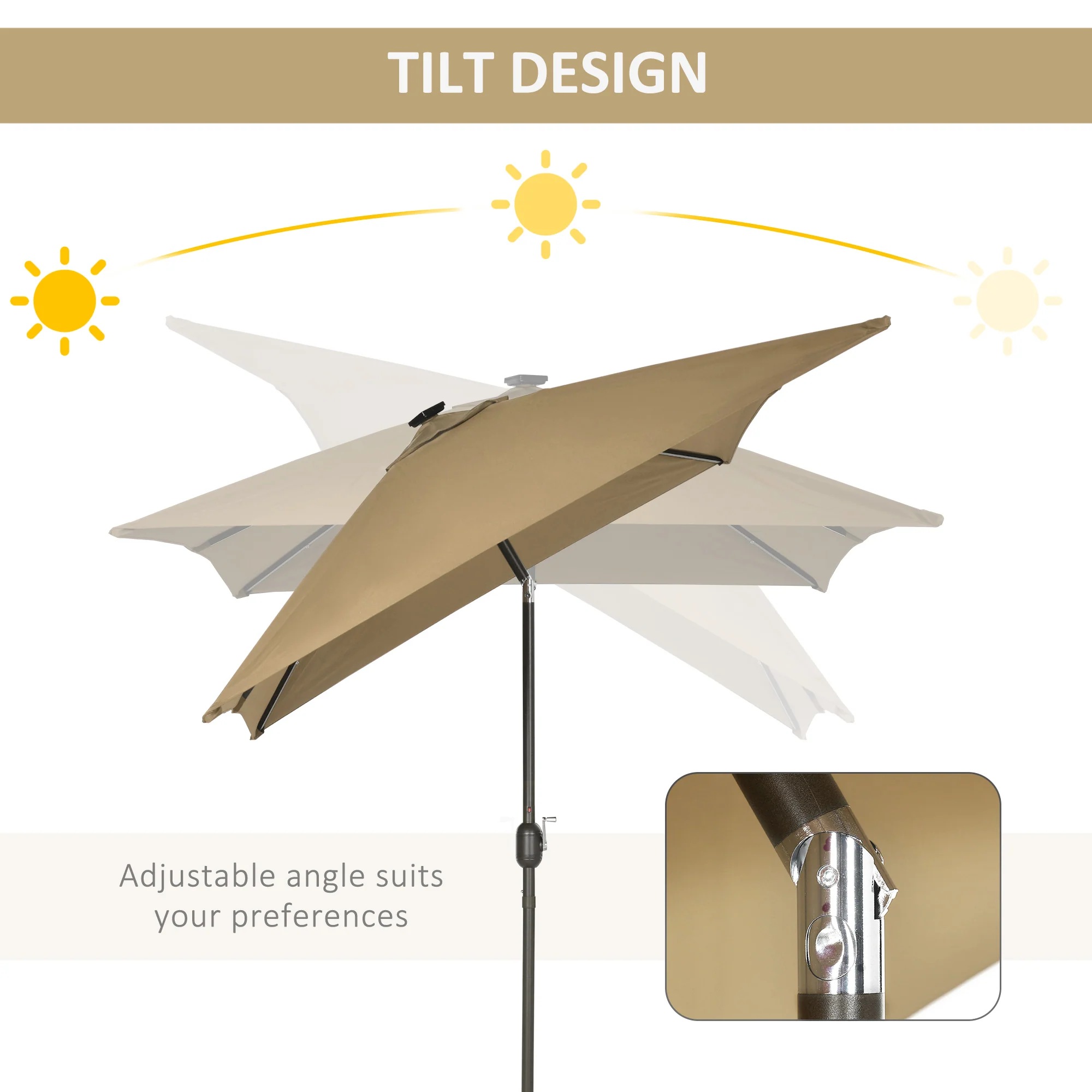 6.5' x 10' Solar Rectangle Market Umbrella with LEDs, Light Coffee - Image 7