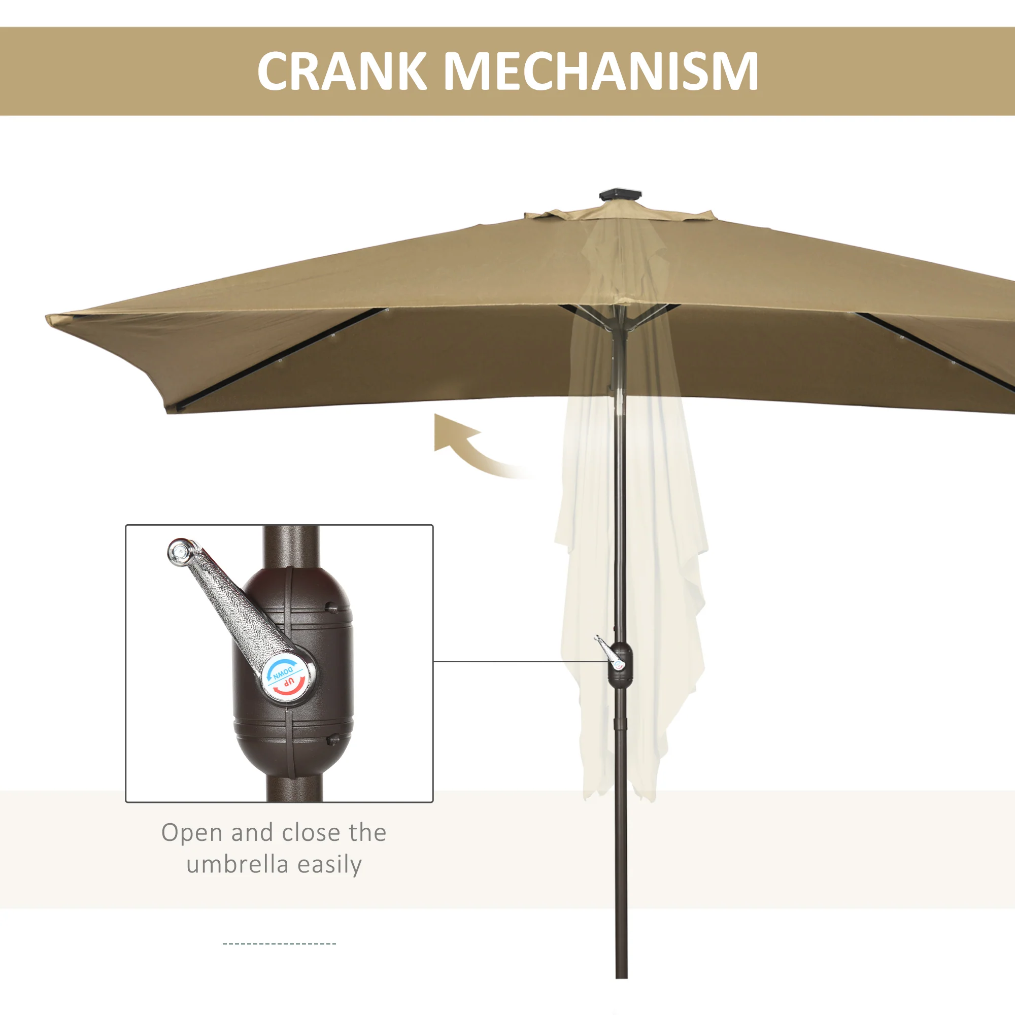 6.5' x 10' Solar Rectangle Market Umbrella with LEDs, Light Coffee - Image 8