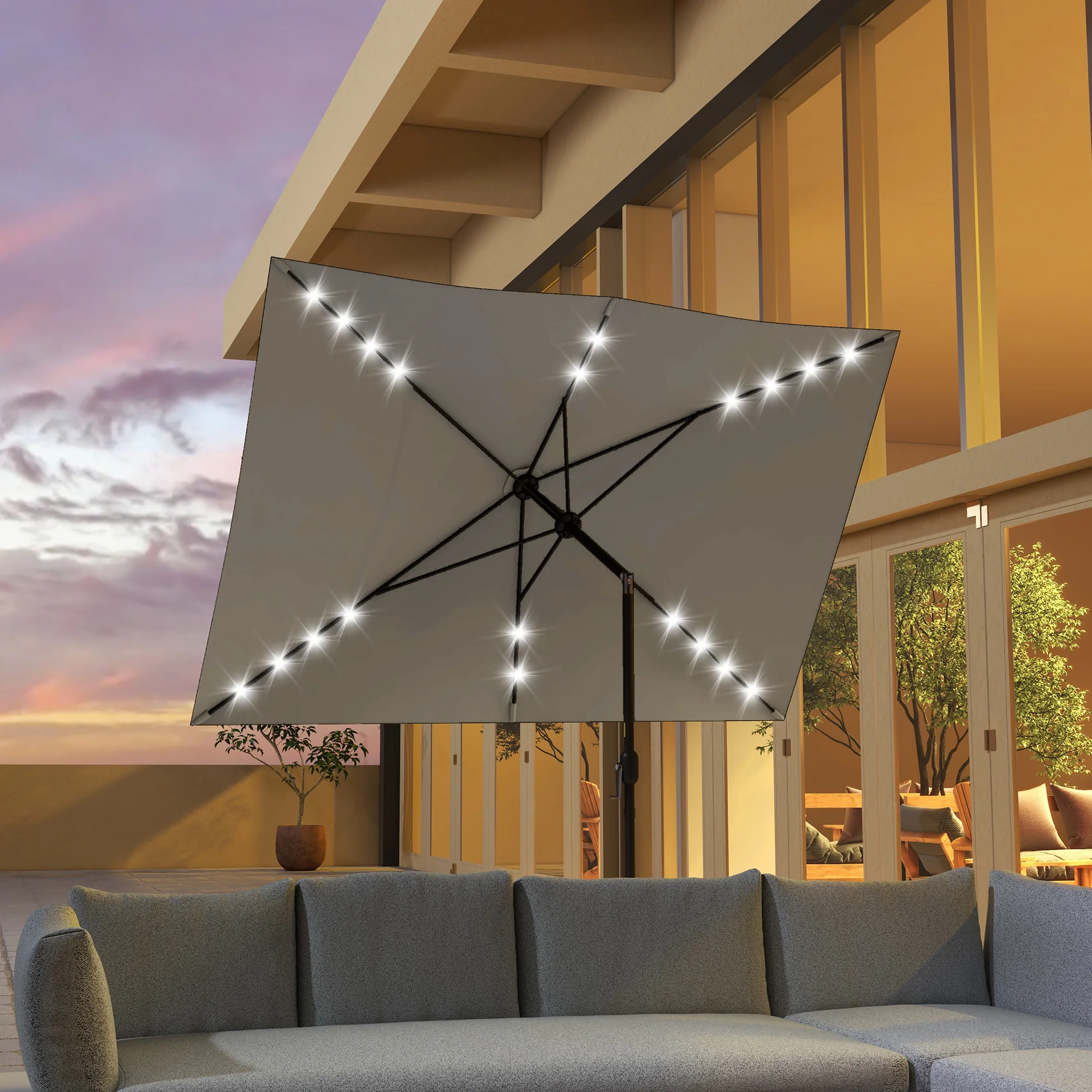 6.5' x 10' Solar Rectangle Market Umbrella with LEDs, Light Grey - Image 3