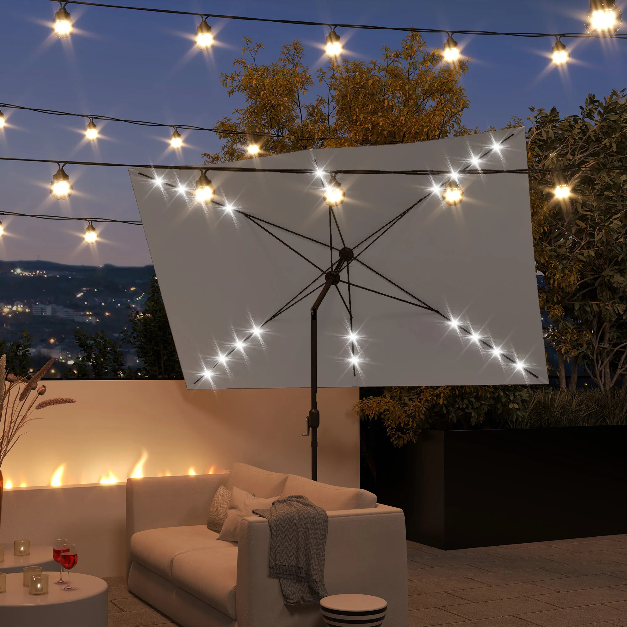 6.5' x 10' Solar Rectangle Market Umbrella with LEDs, Light Grey - Image 4