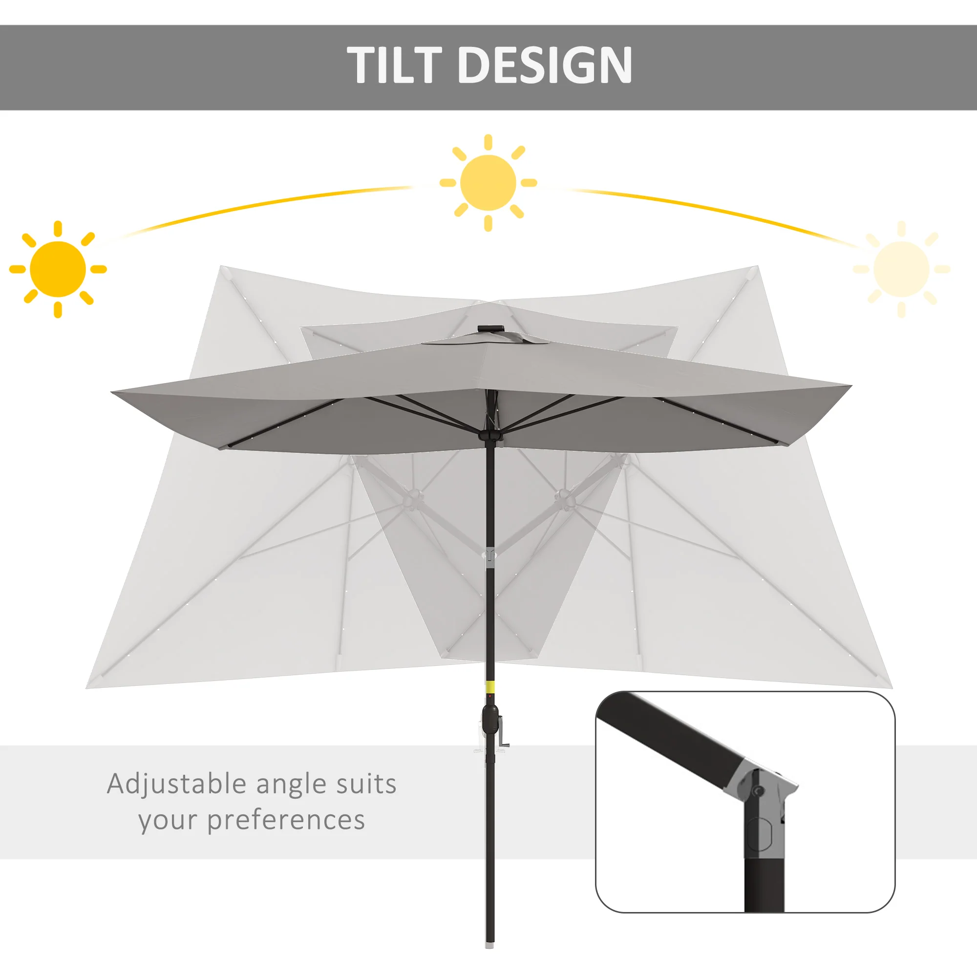 6.5' x 10' Solar Rectangle Market Umbrella with LEDs, Light Grey - Image 7