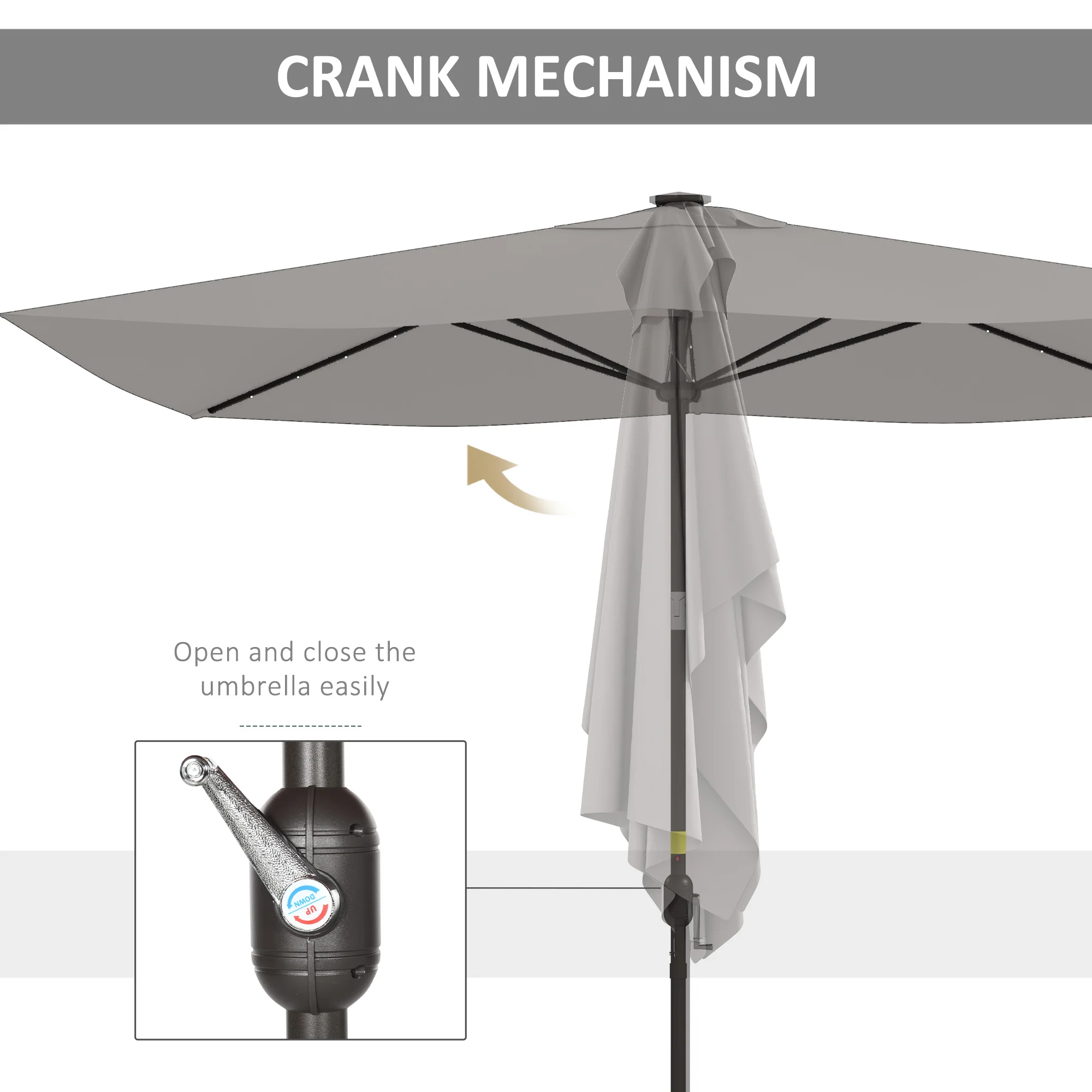 6.5' x 10' Solar Rectangle Market Umbrella with LEDs, Light Grey - Image 8