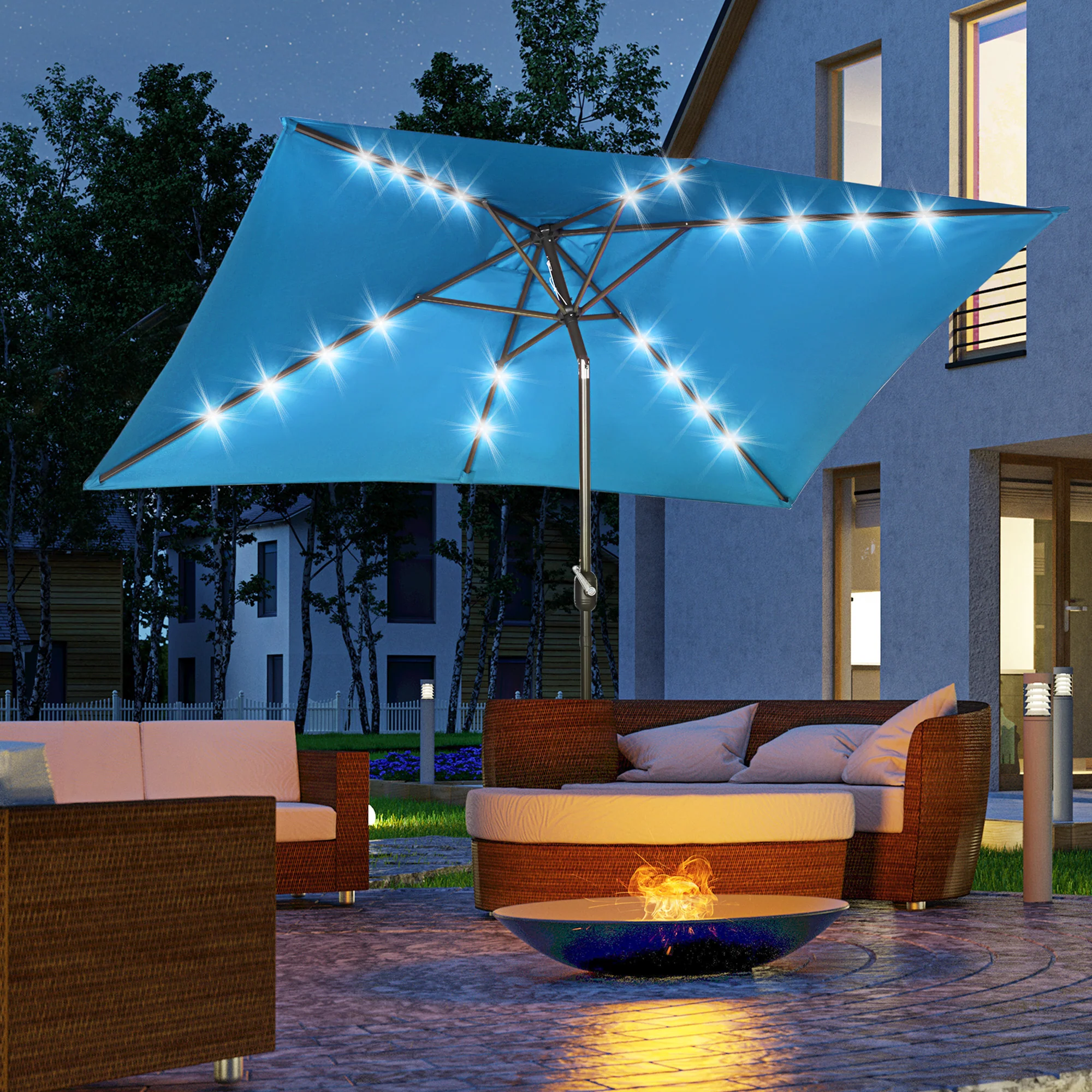 6.5'x10' Solar Rectangle Market Umbrella with LEDs, Turquoise - Image 3