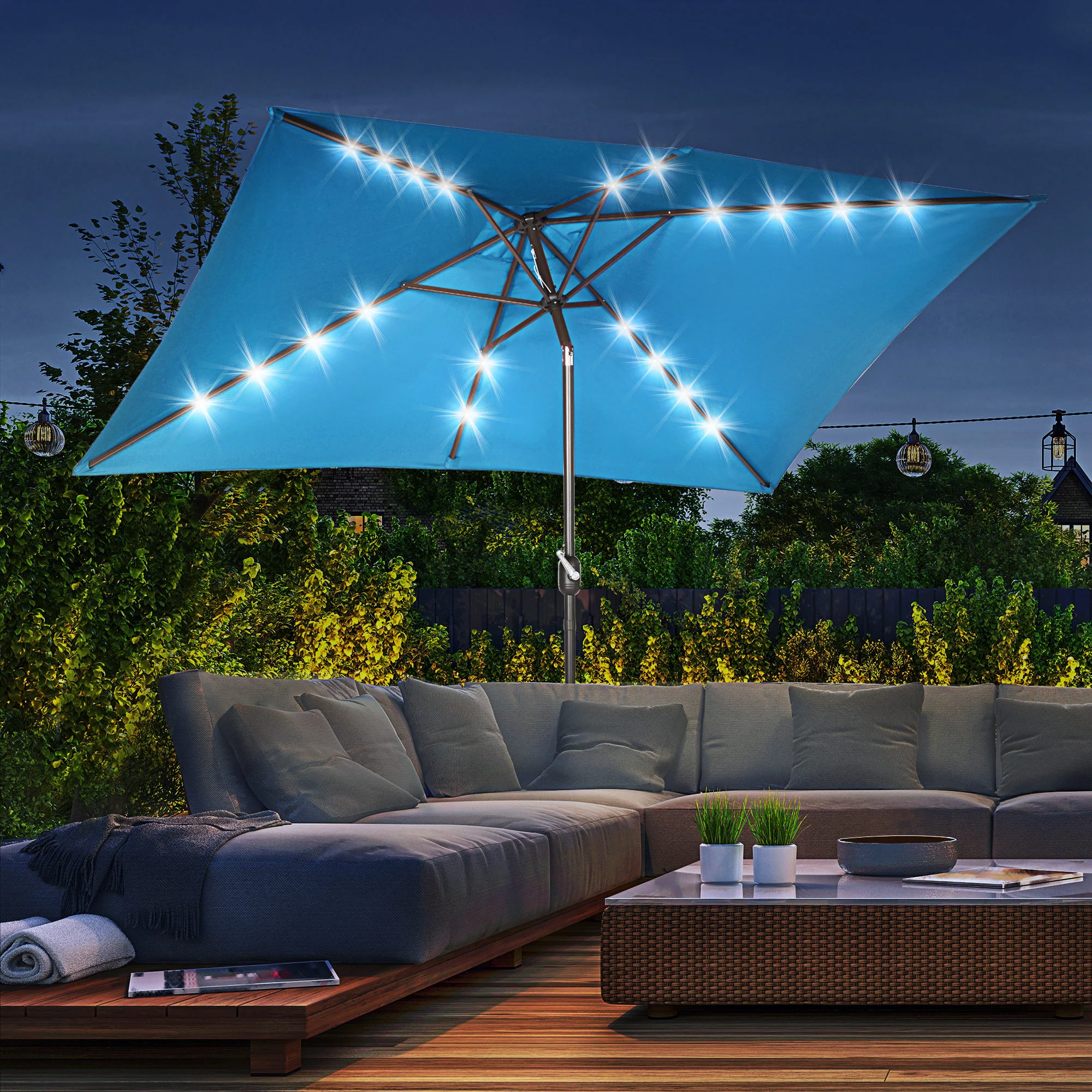 6.5'x10' Solar Rectangle Market Umbrella with LEDs, Turquoise - Image 4