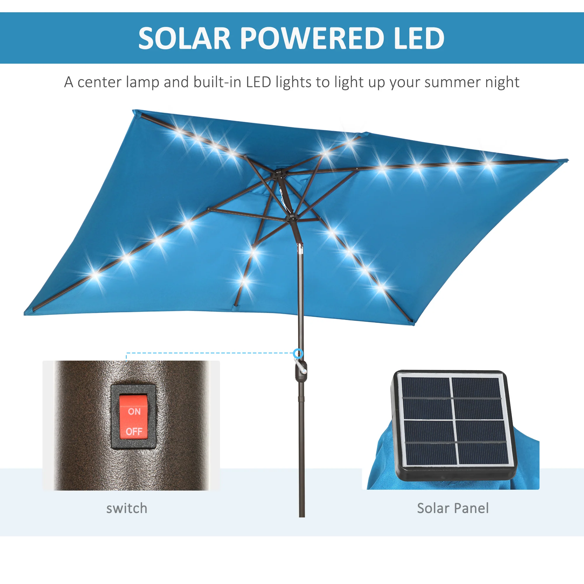 6.5'x10' Solar Rectangle Market Umbrella with LEDs, Turquoise - Image 6