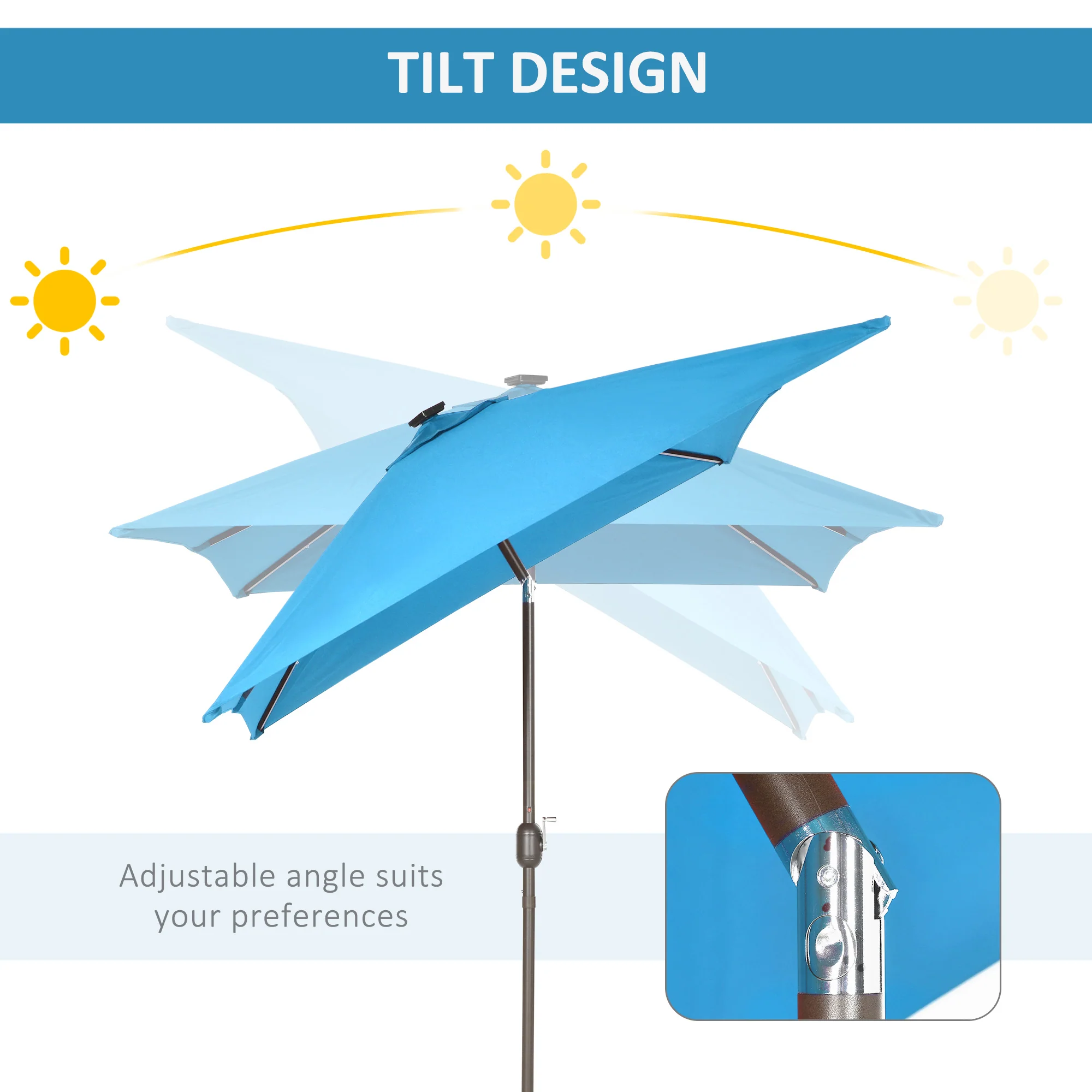 6.5'x10' Solar Rectangle Market Umbrella with LEDs, Turquoise - Image 7
