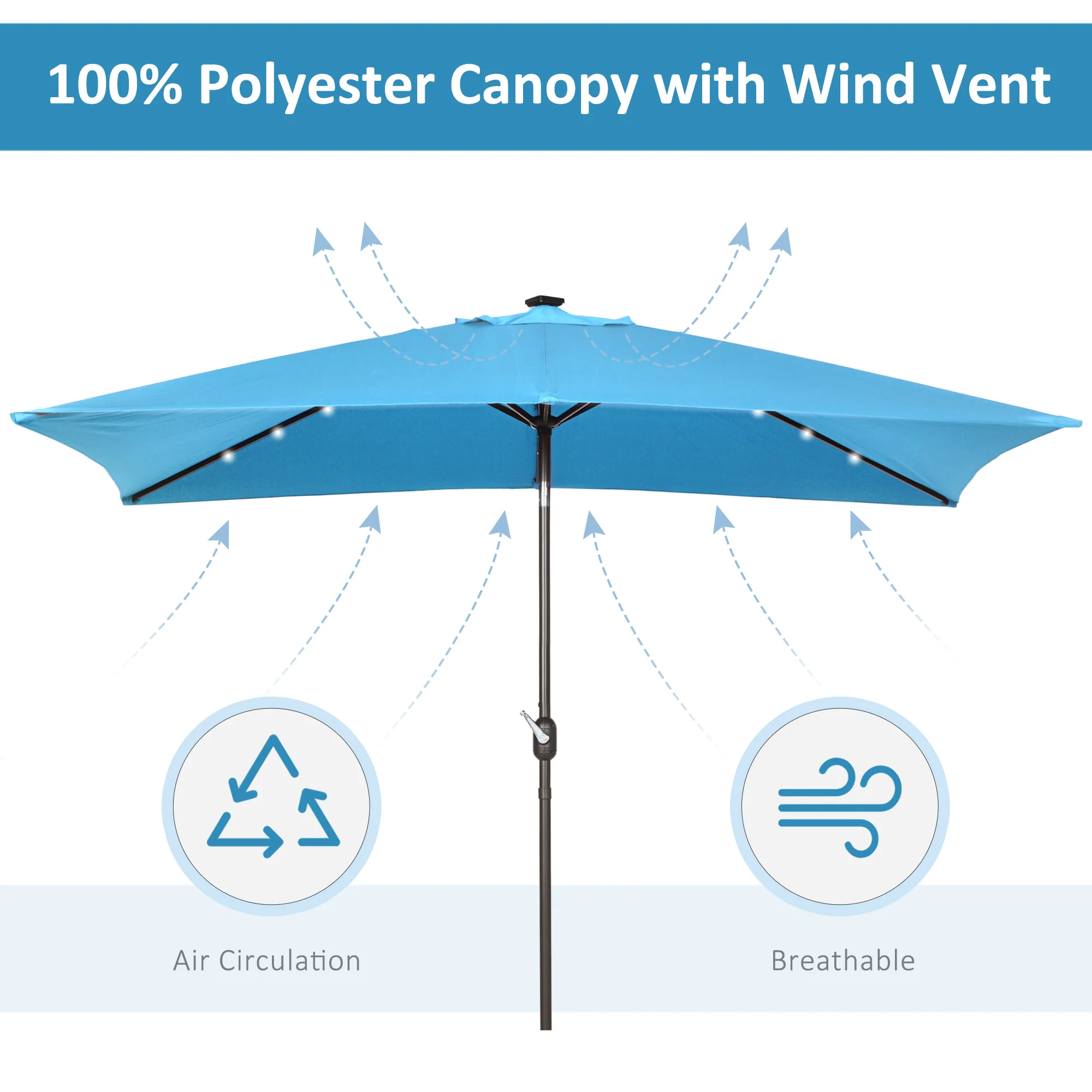 6.5'x10' Solar Rectangle Market Umbrella with LEDs, Turquoise - Image 9